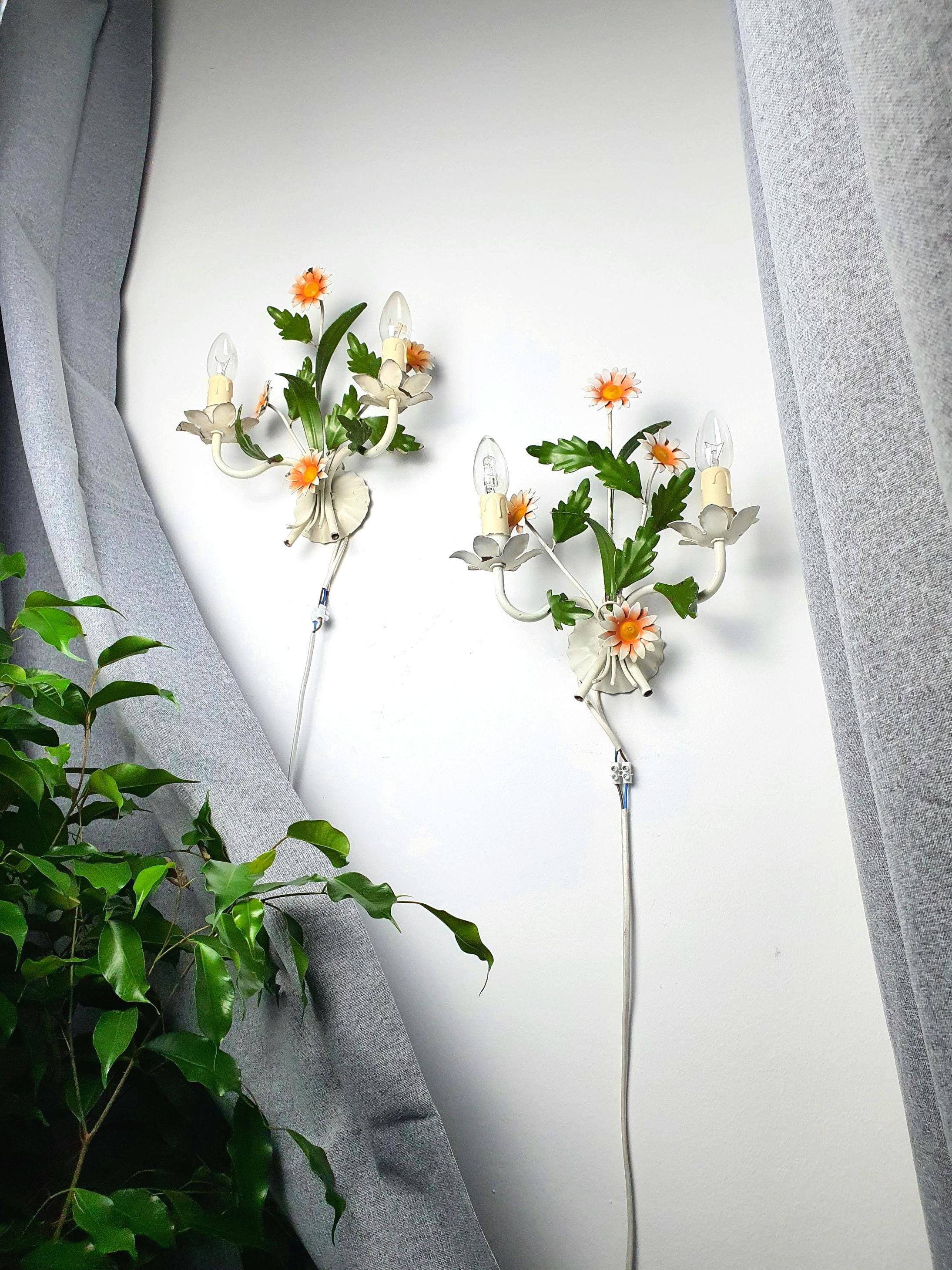 Pair of vintage 1970s Italian tole wall sconces, white green and orange painted metal floral design, Bohemian MCM, Italy
