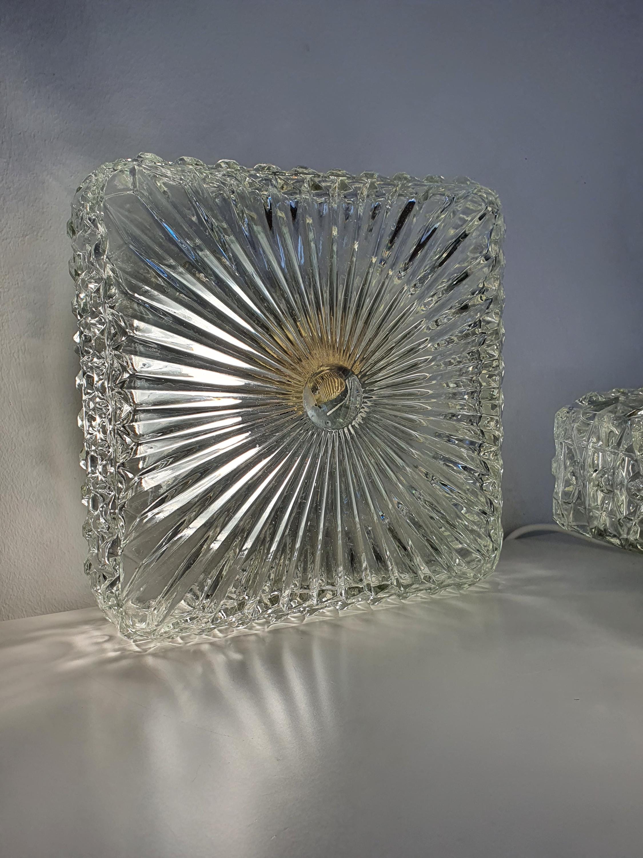 Pair of Brutalist Square Glass Wall Sconces or Ceiling Lights | Art Deco Light Fixtures | Mid-Century Modern Textured Glass Lamps