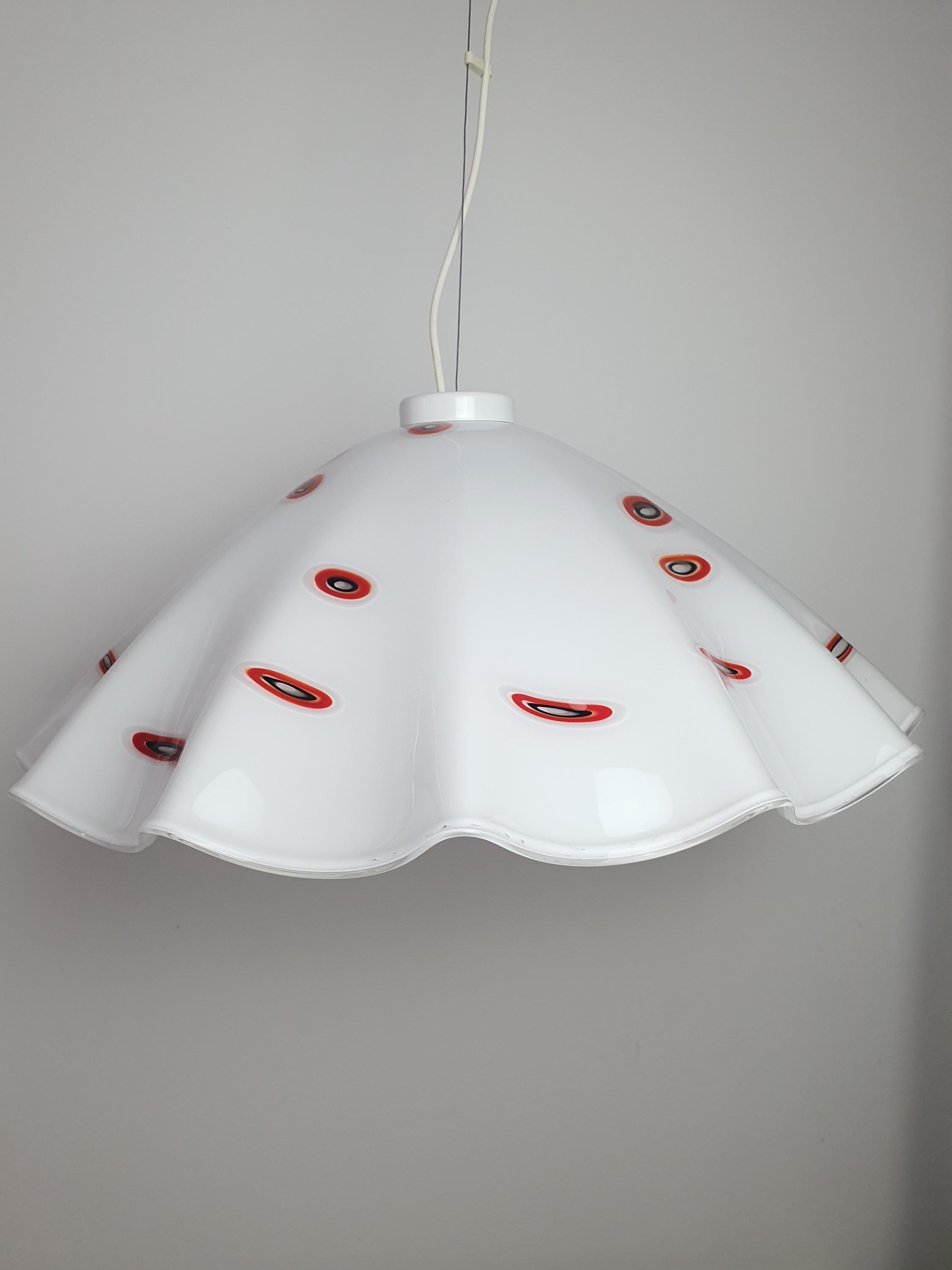 Vintage Murano Glass Pendant Light: Italian MCM Skirt Lamp with Red Spot
