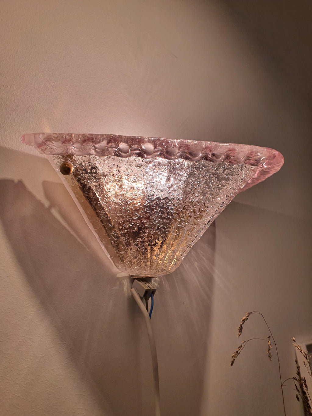 Vintage Murano Glass Sconces: Pink Transparent Triangle Art Deco Wall Lamps