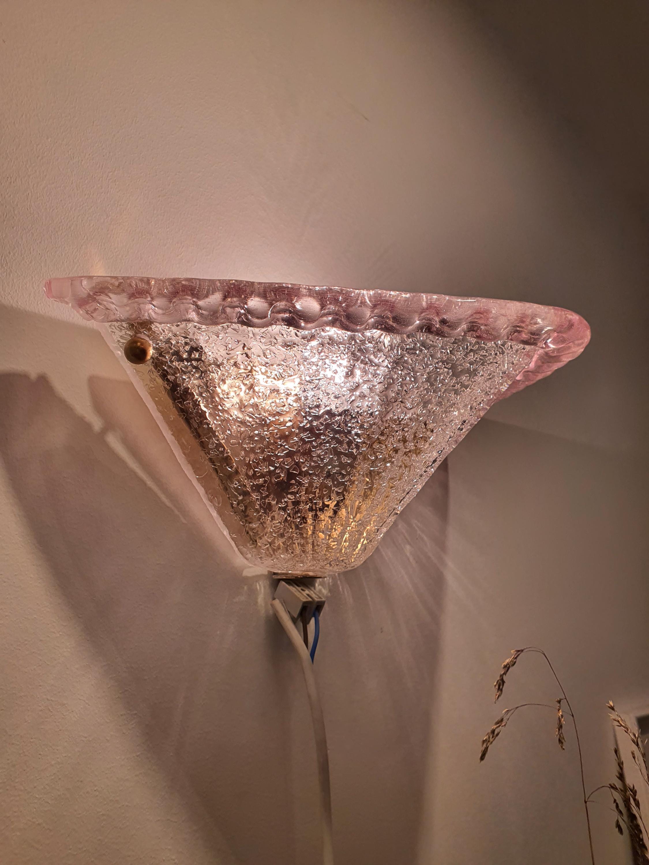 Vintage Murano Glass Sconces: Pink Transparent Triangle Art Deco Wall Lamps