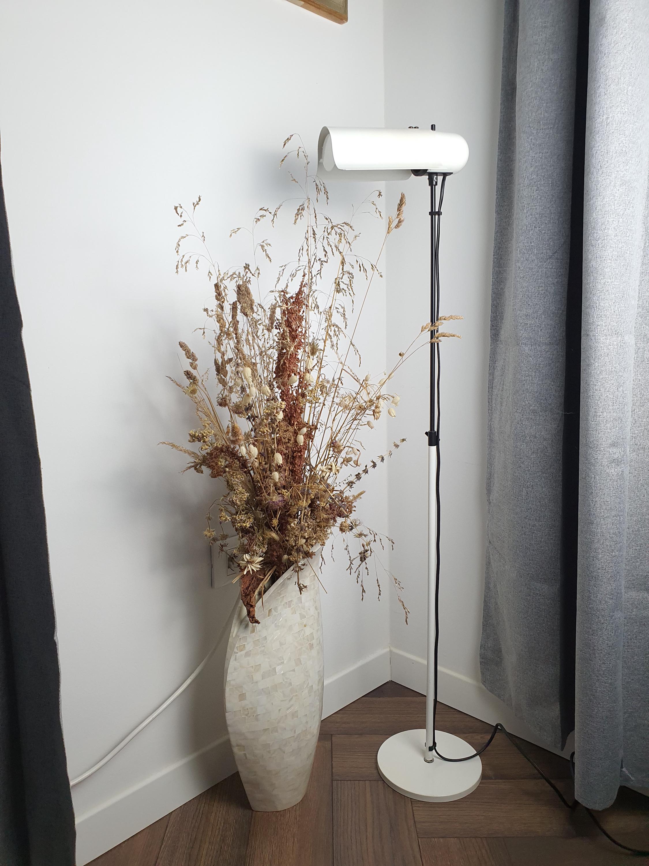 Italian white floor lamp front view, swing visor directed downward for task lighting, telescopic stem, 1970s