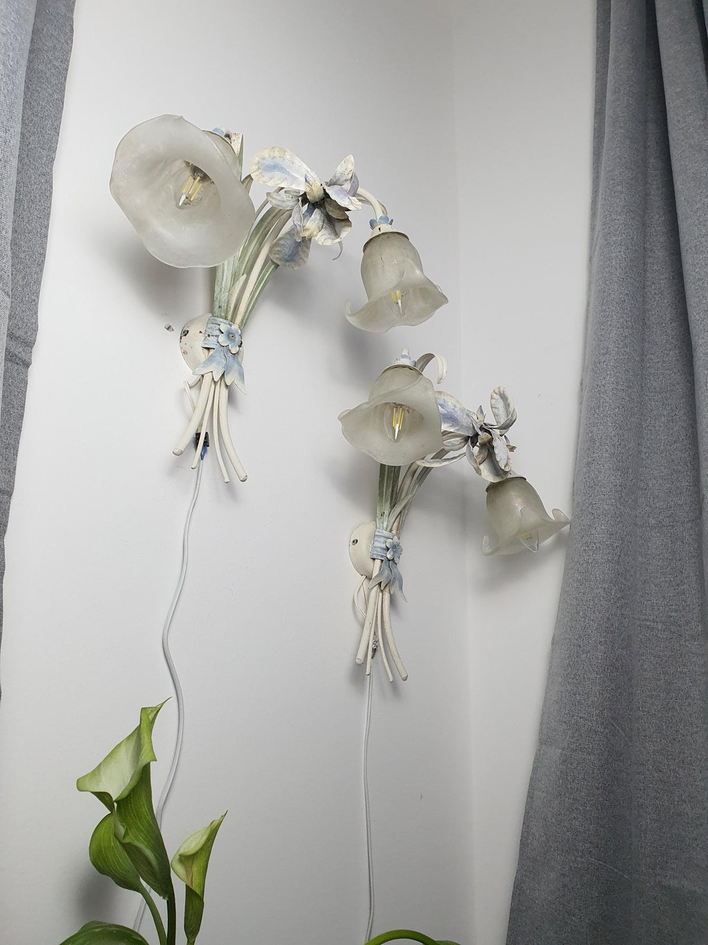 Pair of Italian toleware iris sconces — rewired fitting detail, new wiring installed