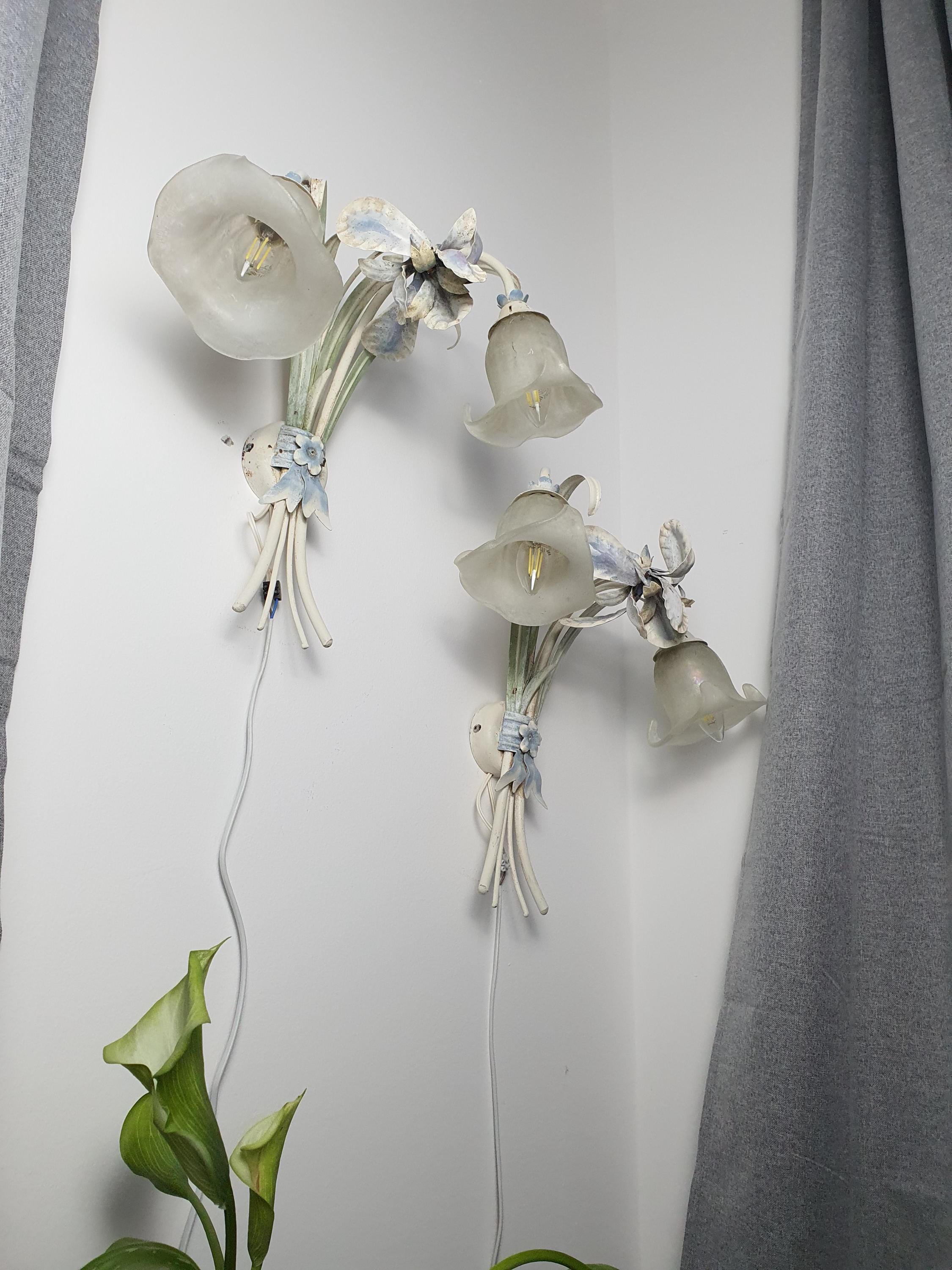 Pair of Italian toleware iris sconces — rewired fitting detail, new wiring installed