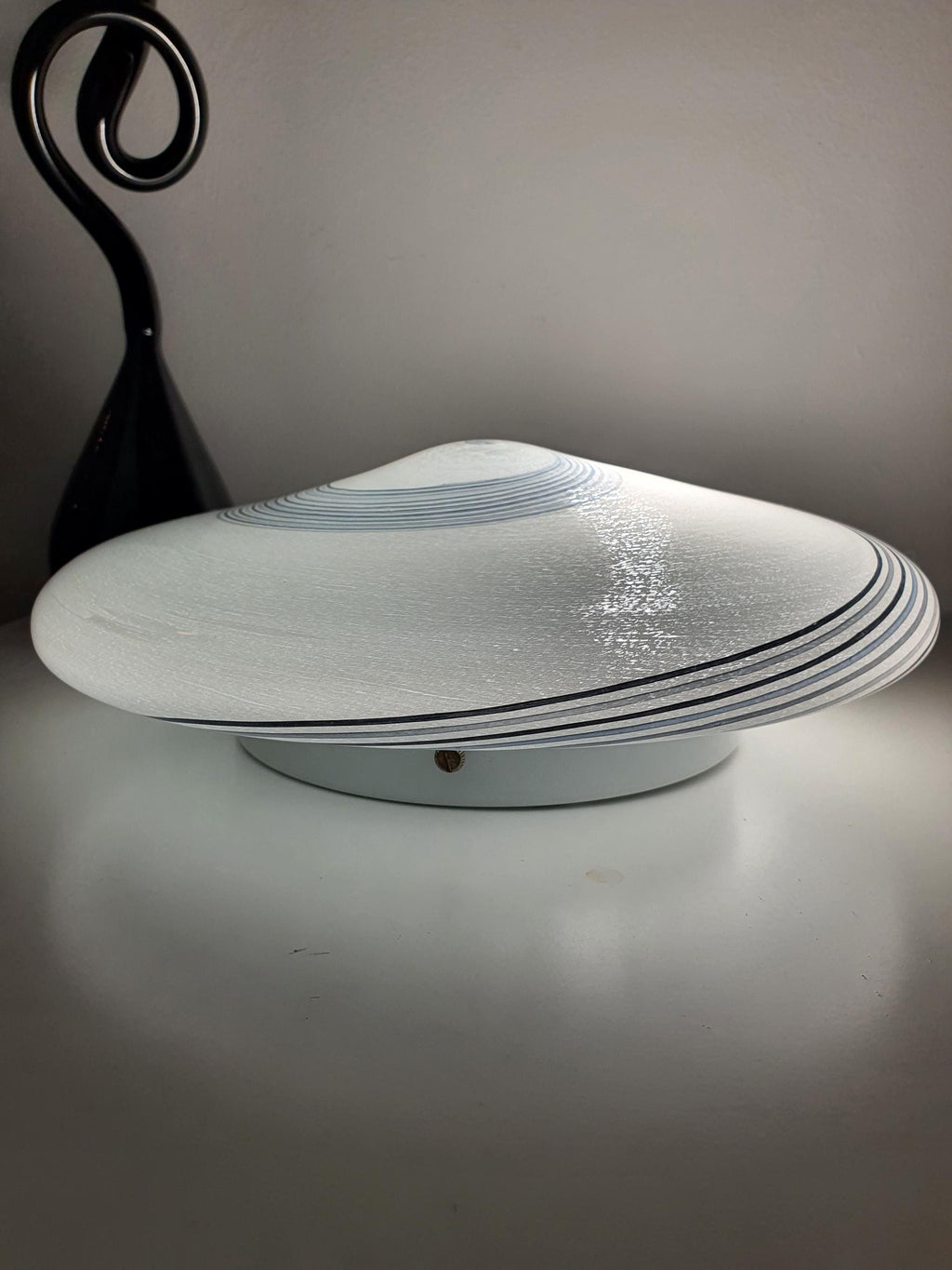 Vintage Murano Glass White, Black & Grey Swirl Flush Mount Light | Mid-Century Italian Lighting