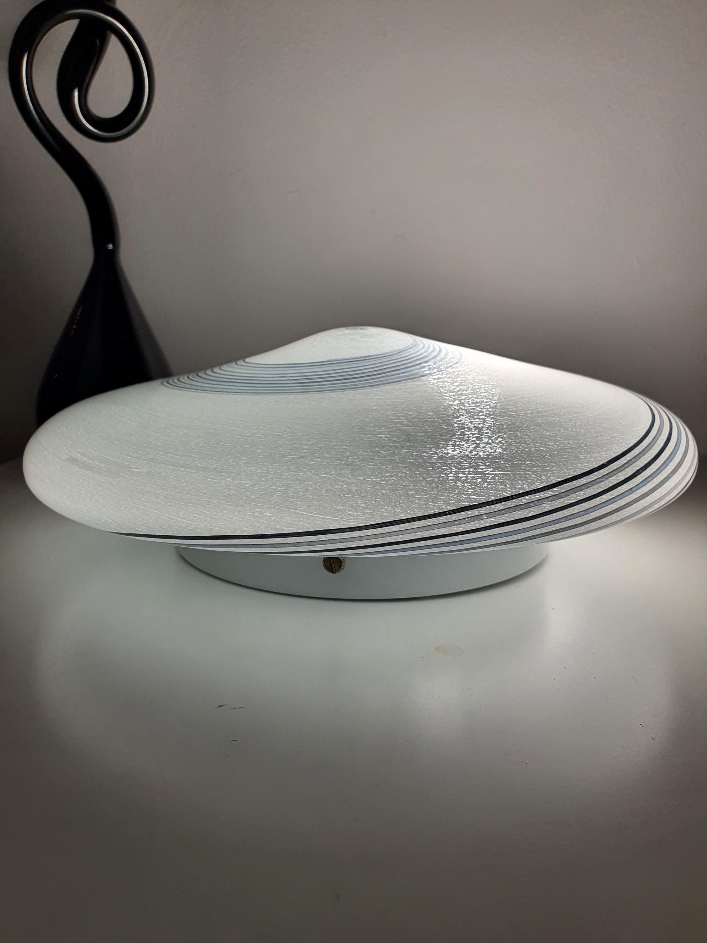 Vintage Murano Glass White, Black & Grey Swirl Flush Mount Light | Mid-Century Italian Lighting