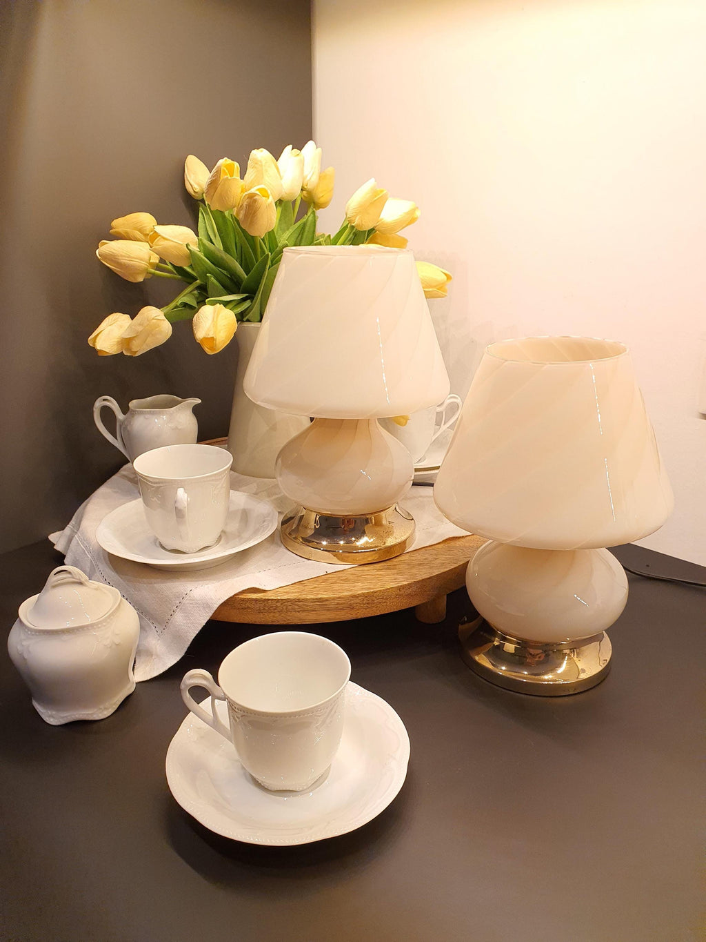 Murano Glass Mushroom Table Lamps: Pink Swirl, Mid-Century Modern