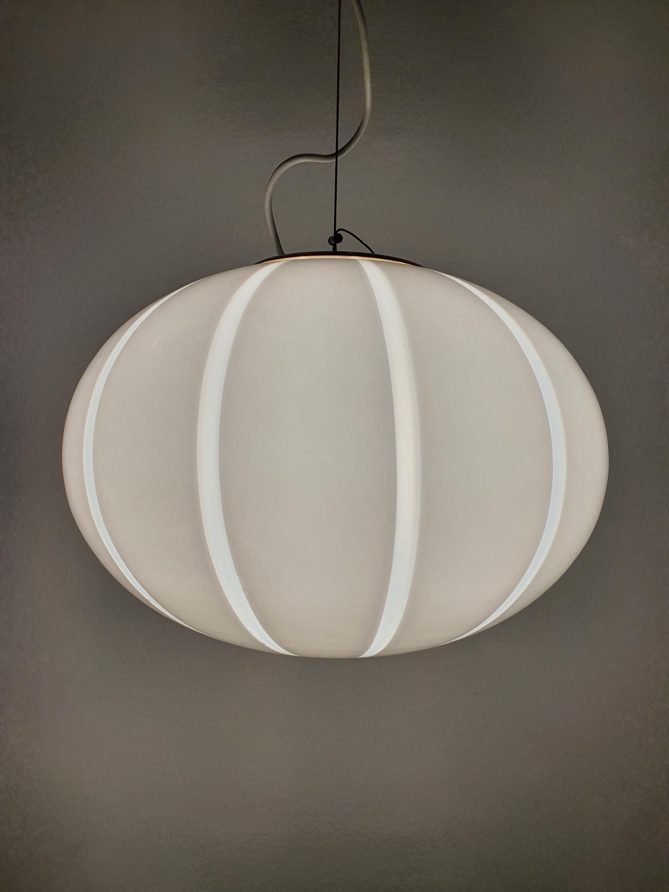Vintage Murano Glass Globe Pendant Light: Striped White Ball Lamp