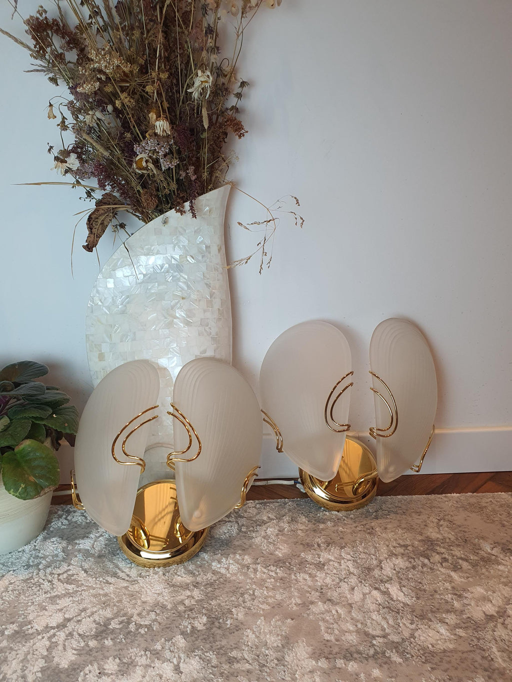 Art Deco Petal Wall Sconces: Matte Glass, Golden Base, Hollywood Regency Lights