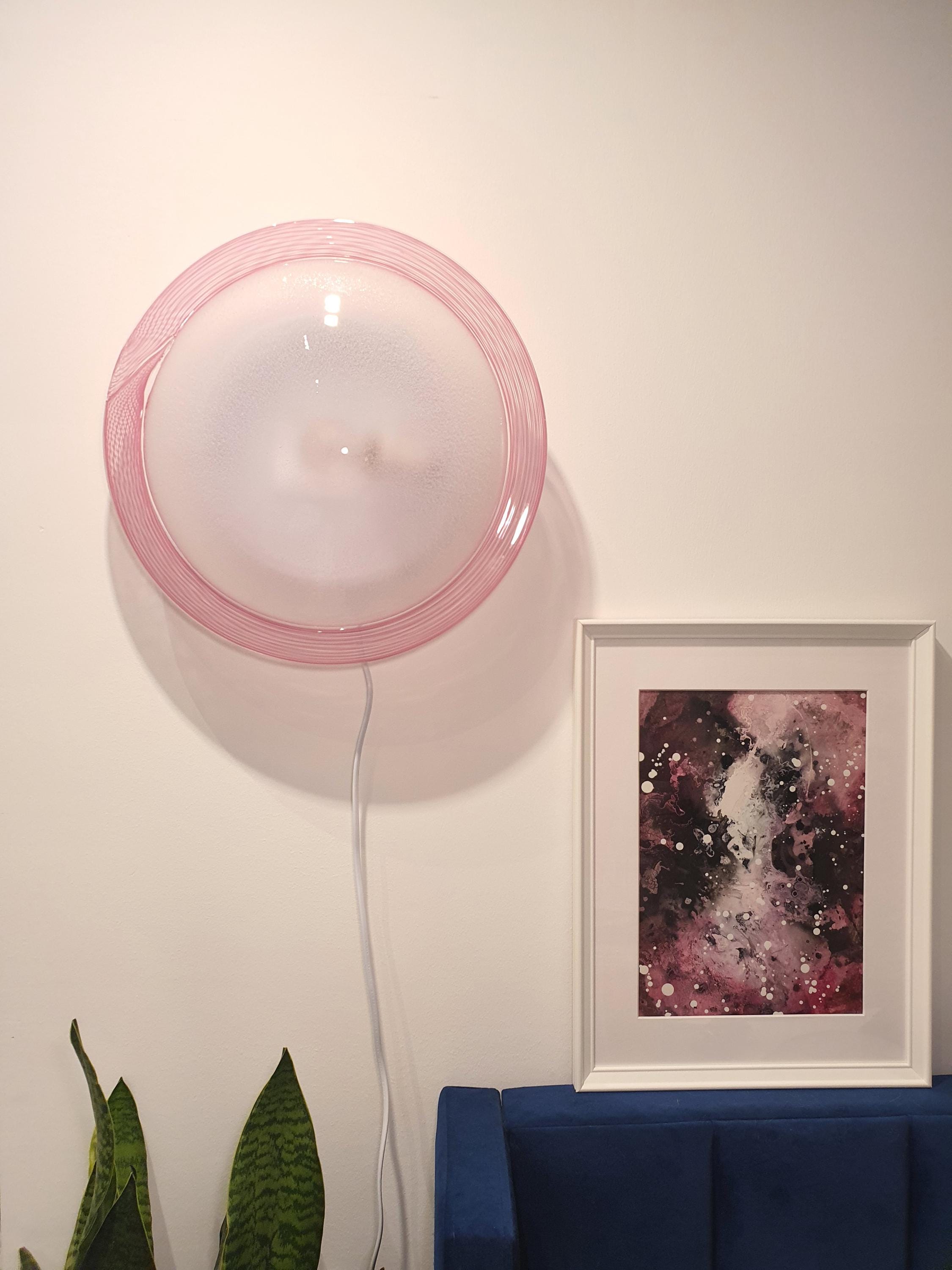 Vintage Murano Glass Flush Mount Light: Pink Filigree Bubble Design