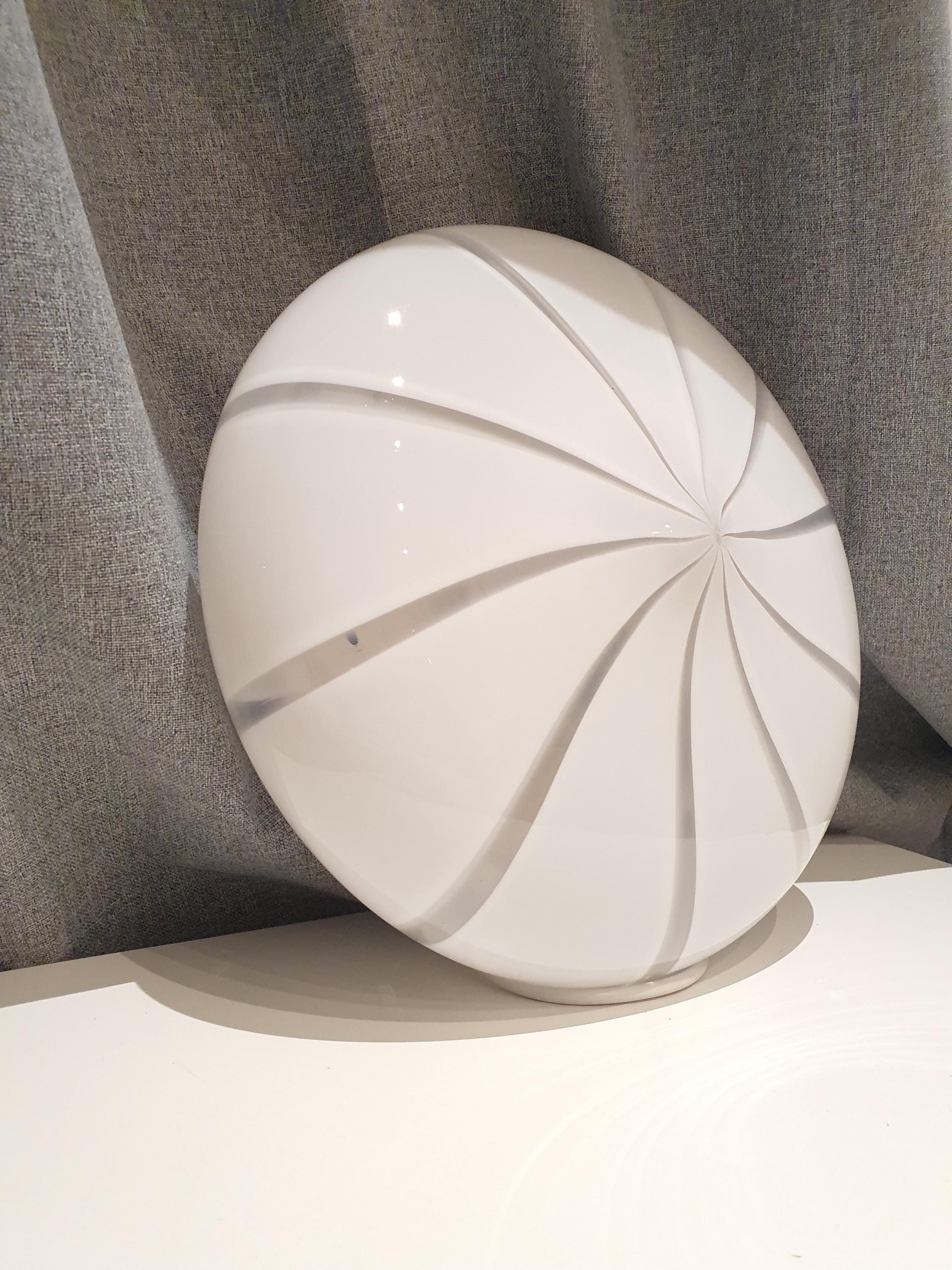Vintage Murano Glass Flush Mount Light: White Swirl MCM Retro Lamp