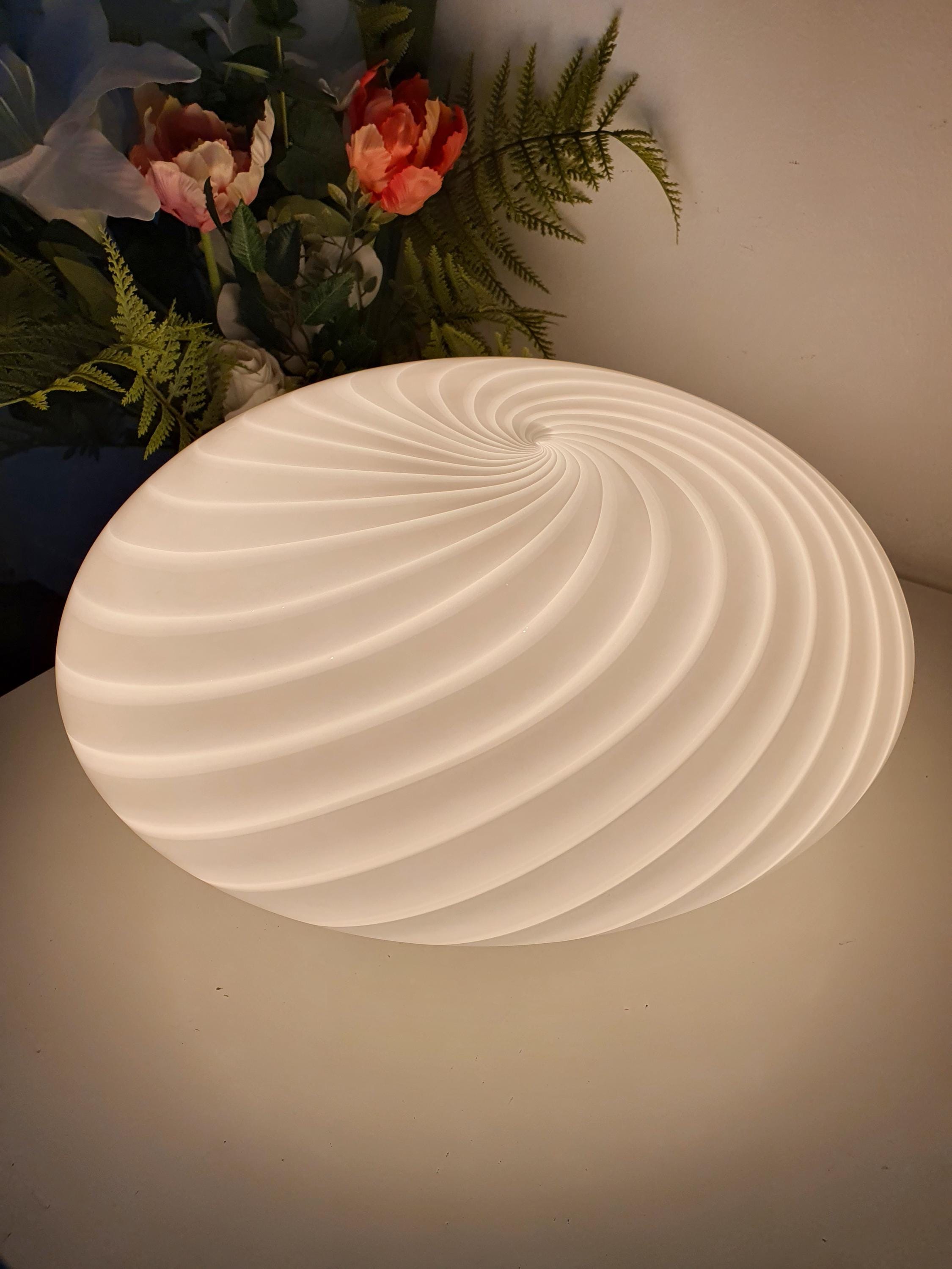 Murano Glass White Swirl Candy Flush Mount Ceiling Light on Chrome Base