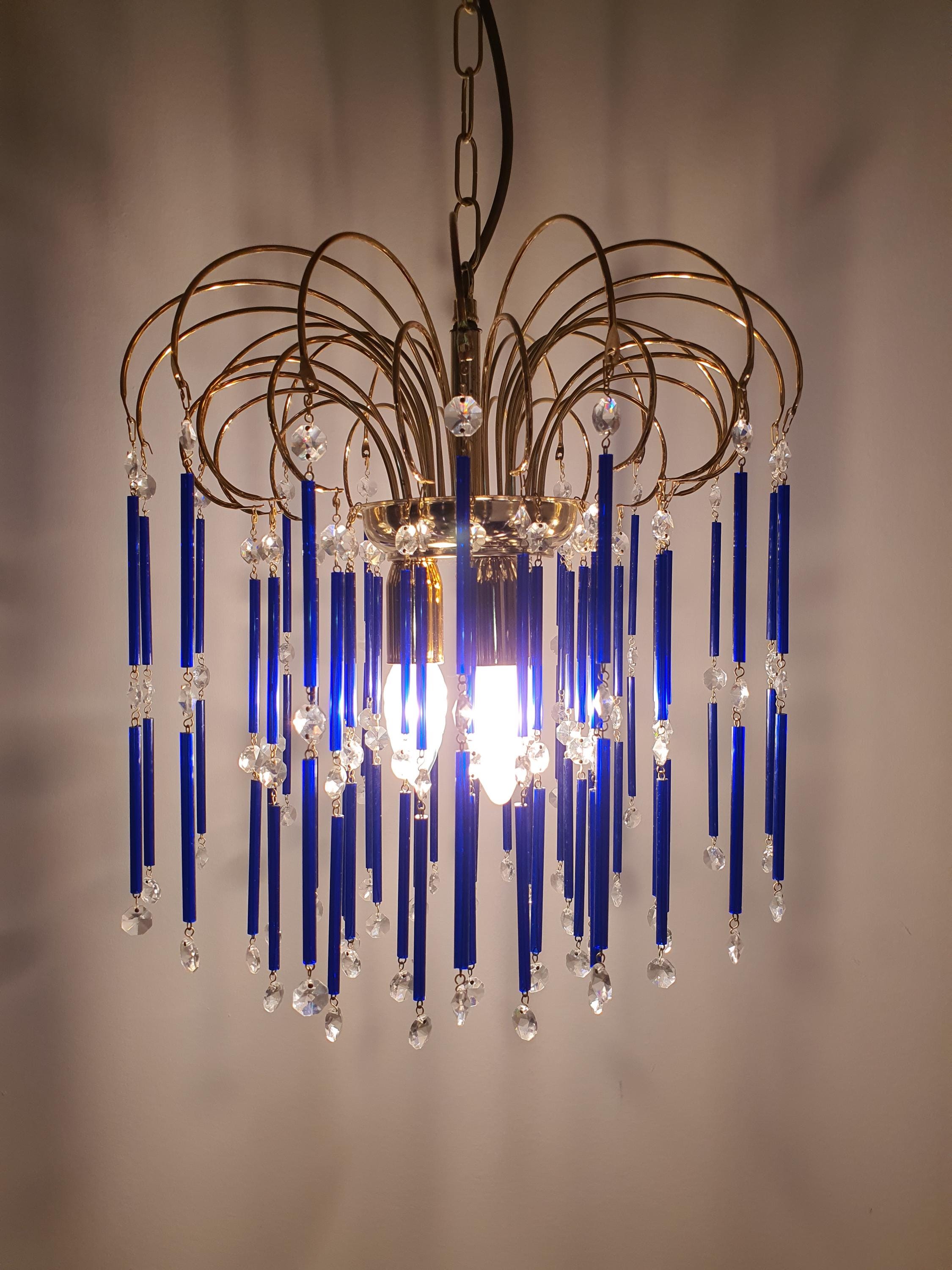 Vintage Cascade Chandelier: Navy Blue Glass Drops, Hollywood Regency Style