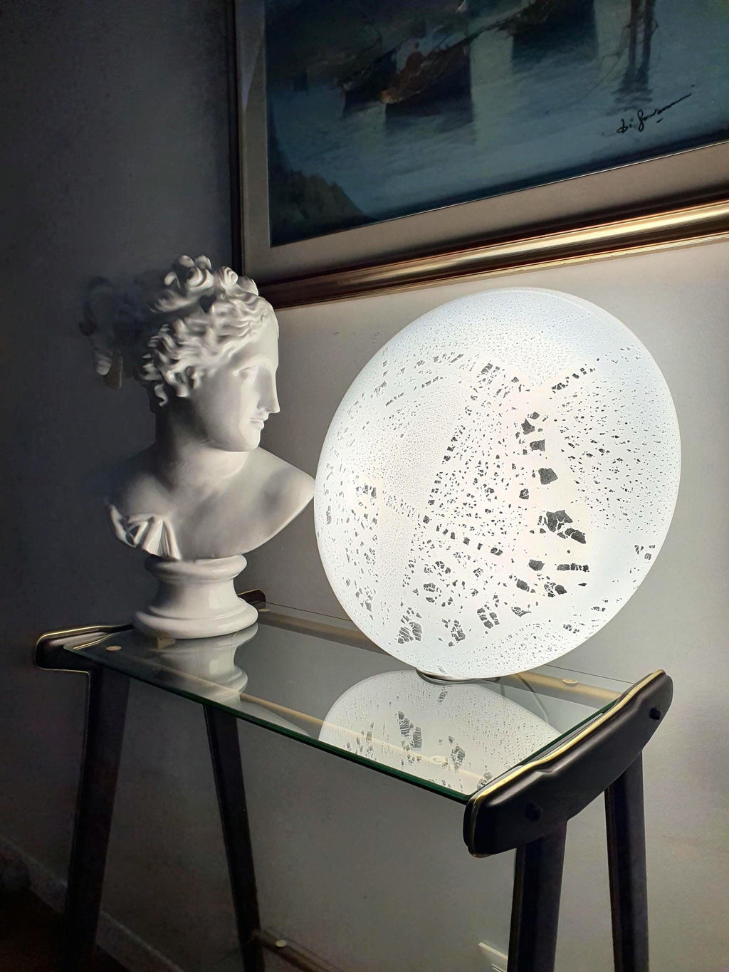 Large vintage Murano glass flush mount, white art glass with silver aventurine inclusions, organic form, minimalist, Italy 1960s–1970s