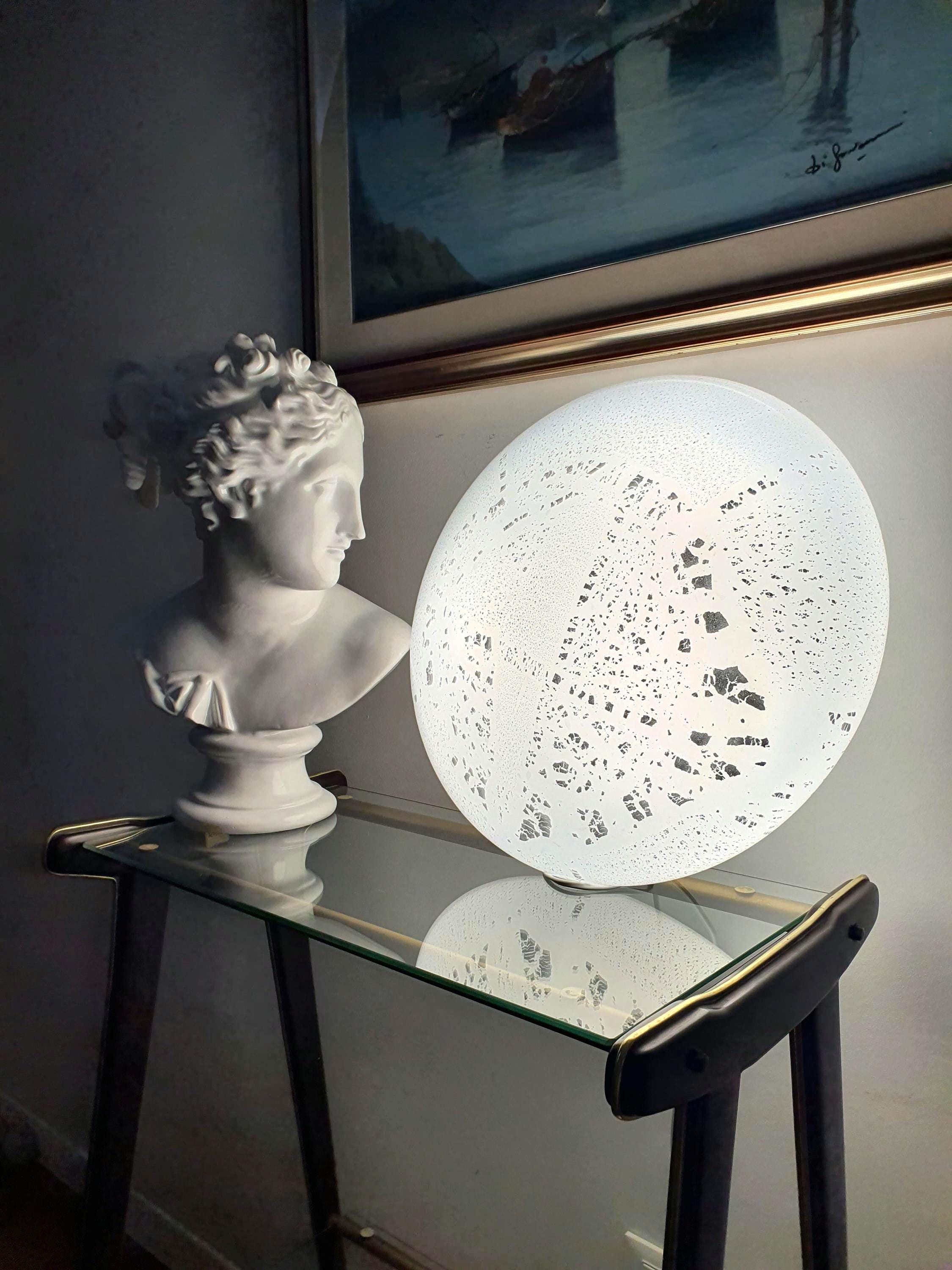 Large vintage Murano glass flush mount, white art glass with silver aventurine inclusions, organic form, minimalist, Italy 1960s–1970s