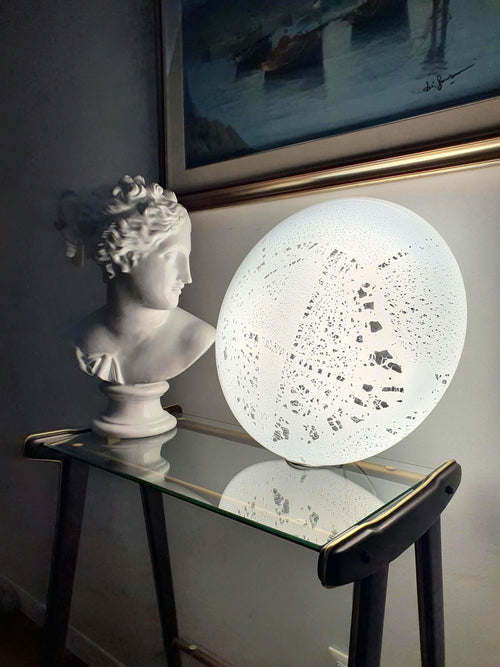 Large vintage Murano glass flush mount, white art glass with silver aventurine inclusions, organic form, minimalist, Italy 1960s–1970s
