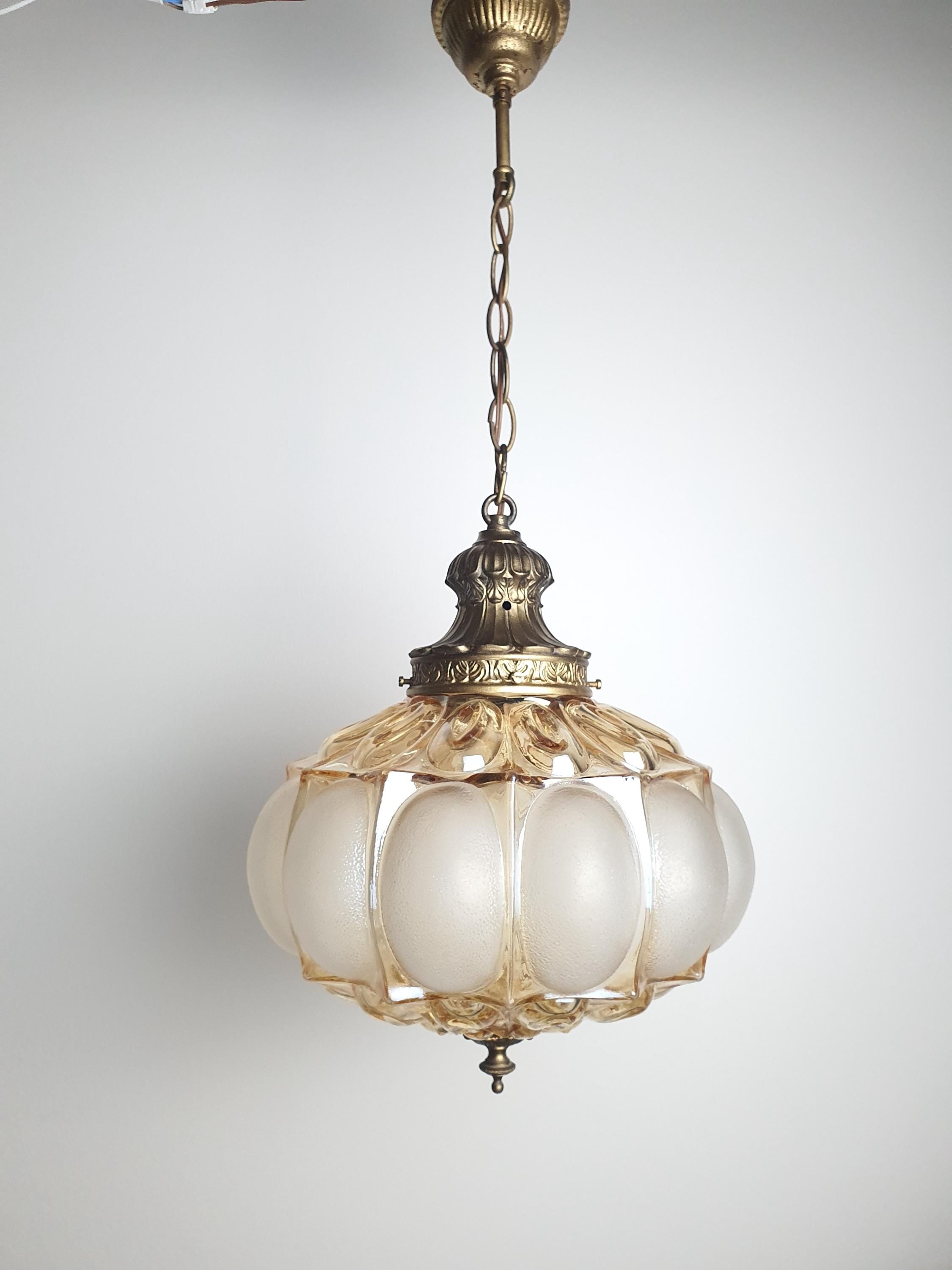 Art Deco Pendant Light – Stamped Beige Glass with Pearl Finish & Bronze Fixture