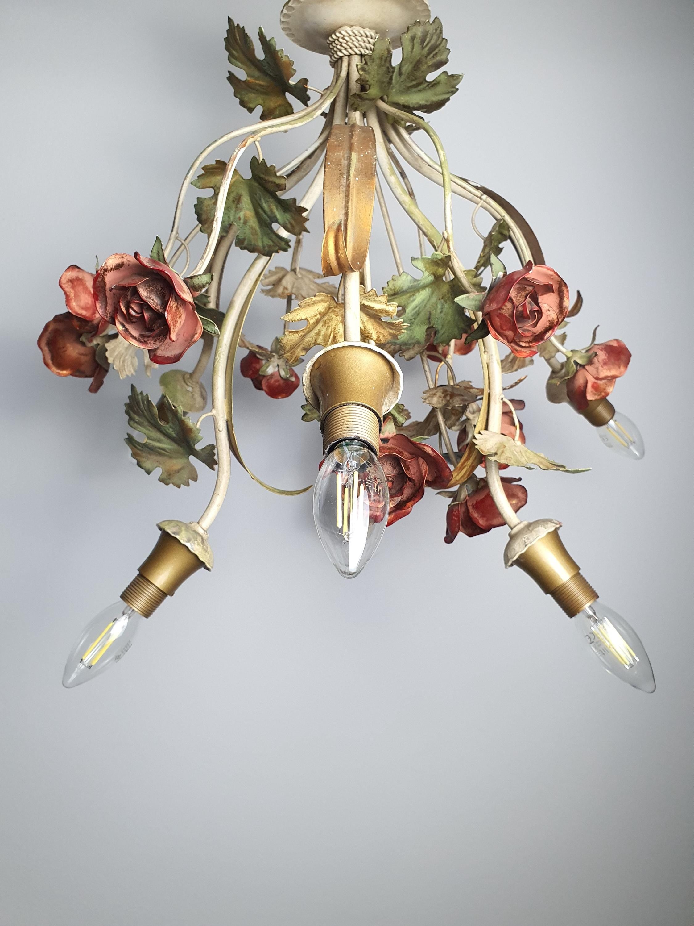 Vintage Italian Tole Chandelier | 6 Arms | Hand-Painted Red Roses, Green & Gold | Hollywood Regency Floral