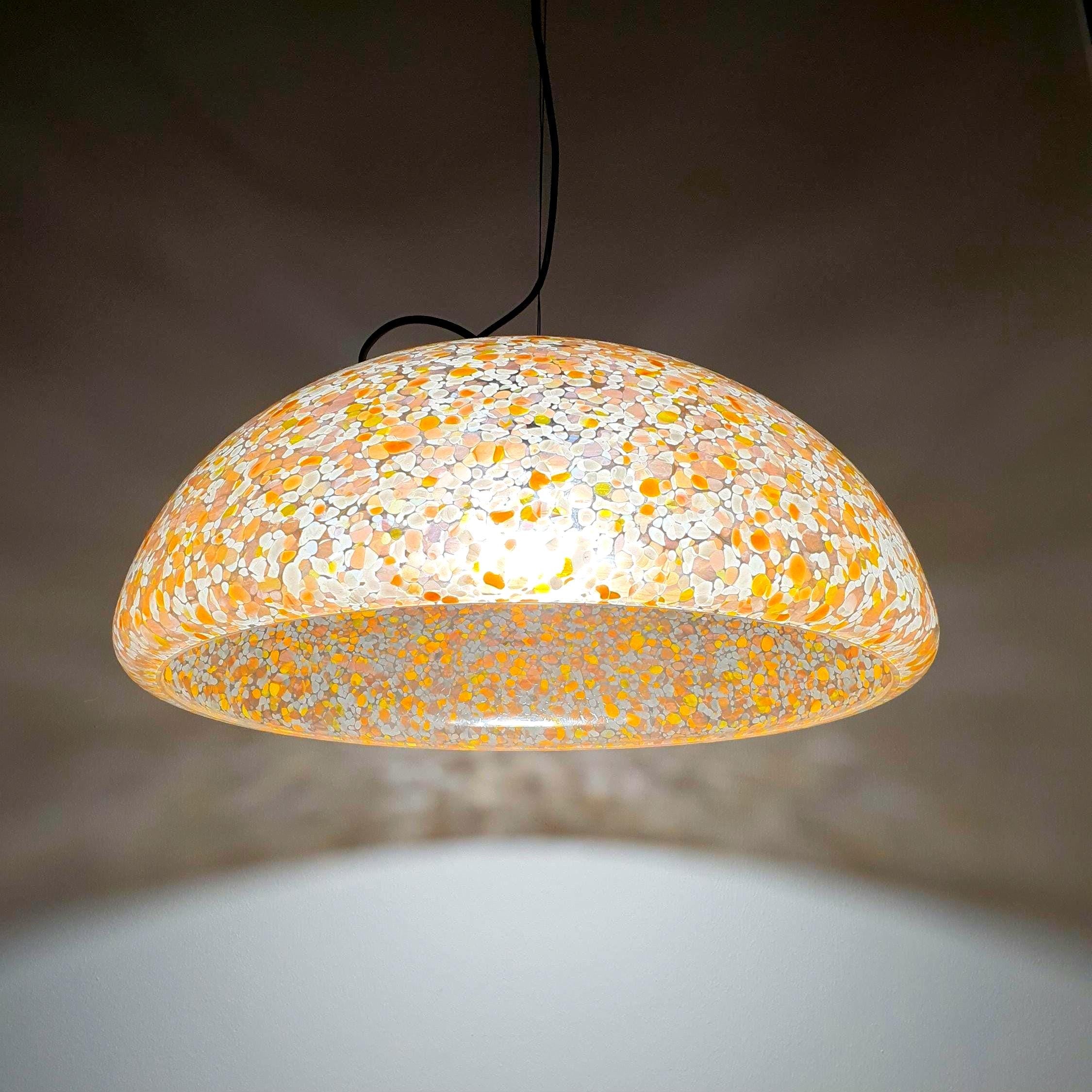 Attr. Gae Aulenti Murano glass pendant light with orange spotted pattern, vintage Italian dome lamp