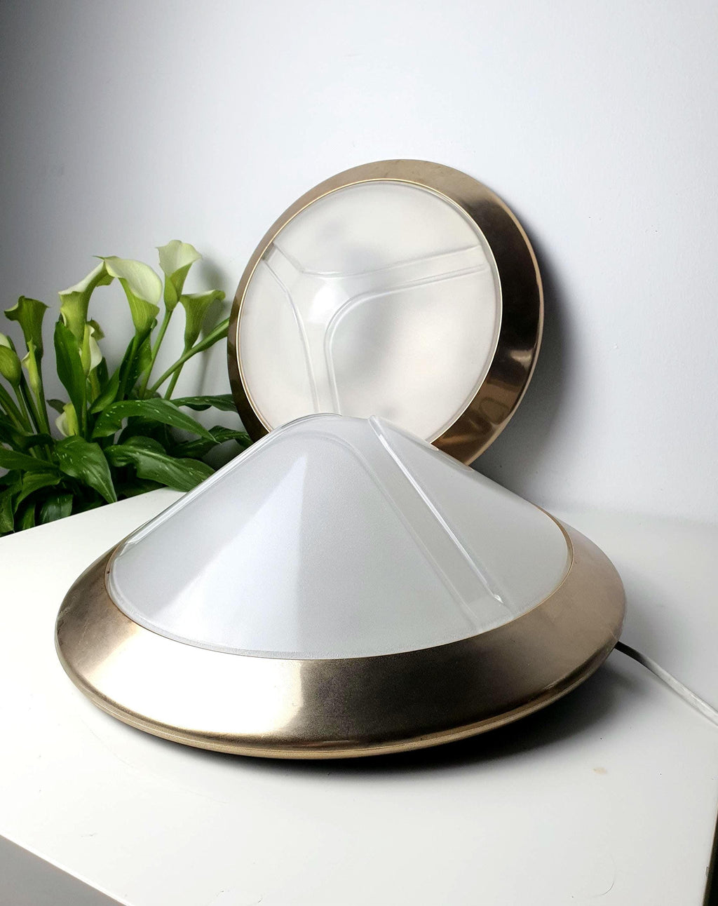 Pair of vintage Prisma Pulsa Italian ceiling or wall lights with frosted stamped glass diffusers