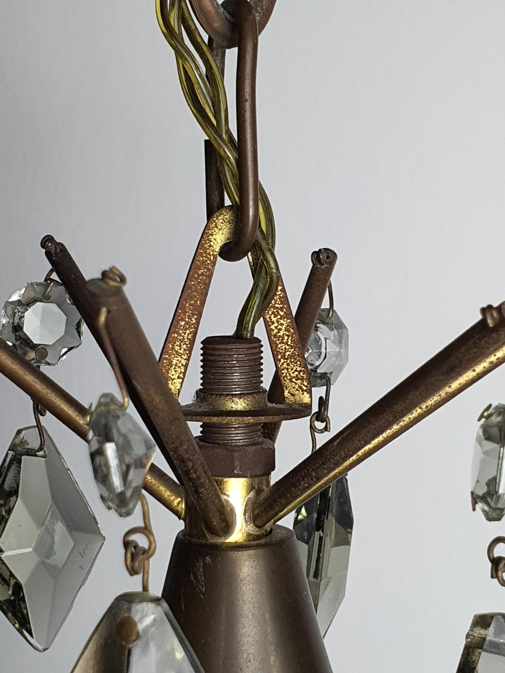 Vintage Art Deco 6-arm chandelier unlit, showing tree-branching silhouette and smoky grey crystal drop arrangement