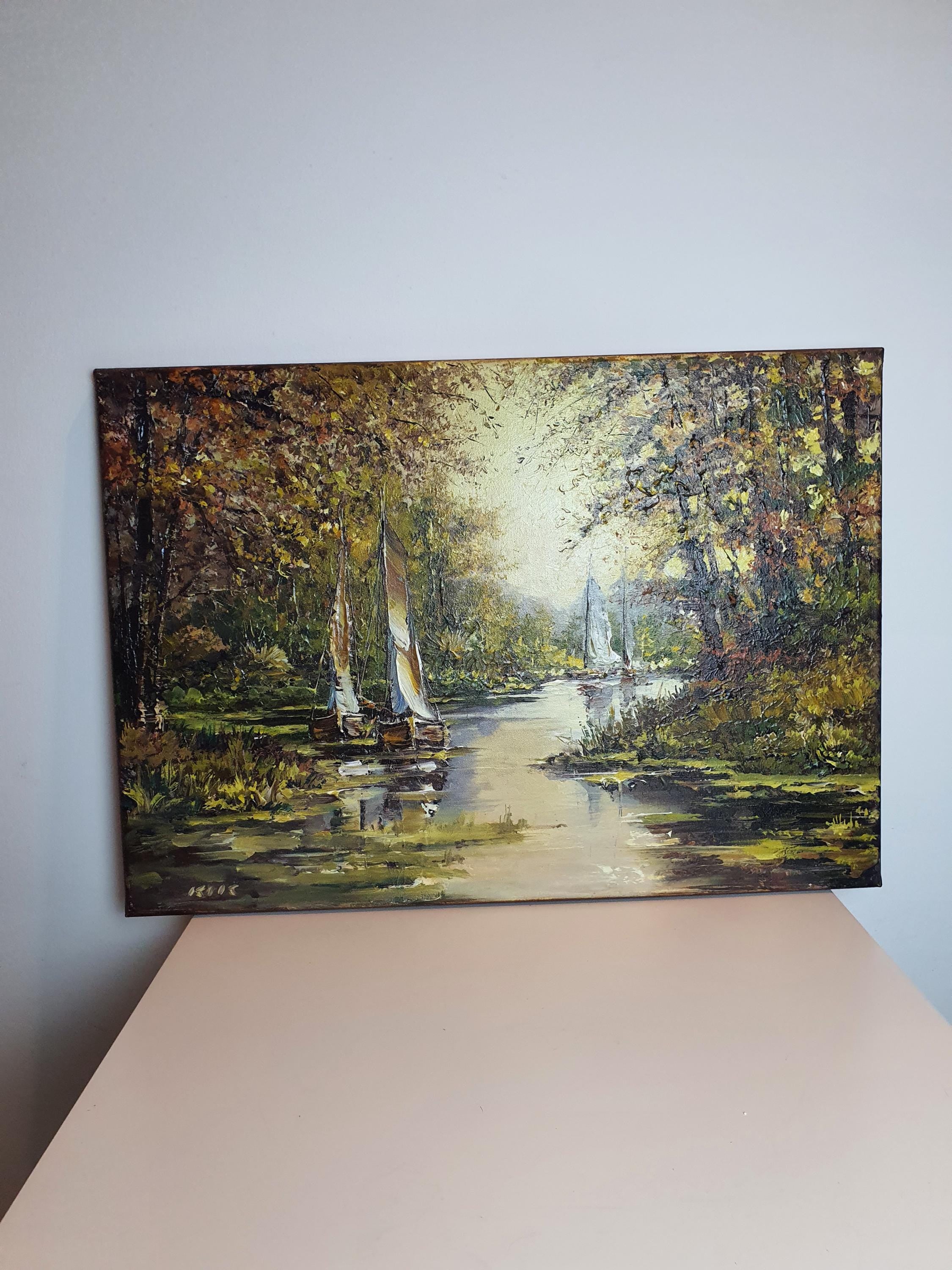 Vintage Sailing Boats Landscape: Original Signed Acrylic Painting by Janusz Kik
