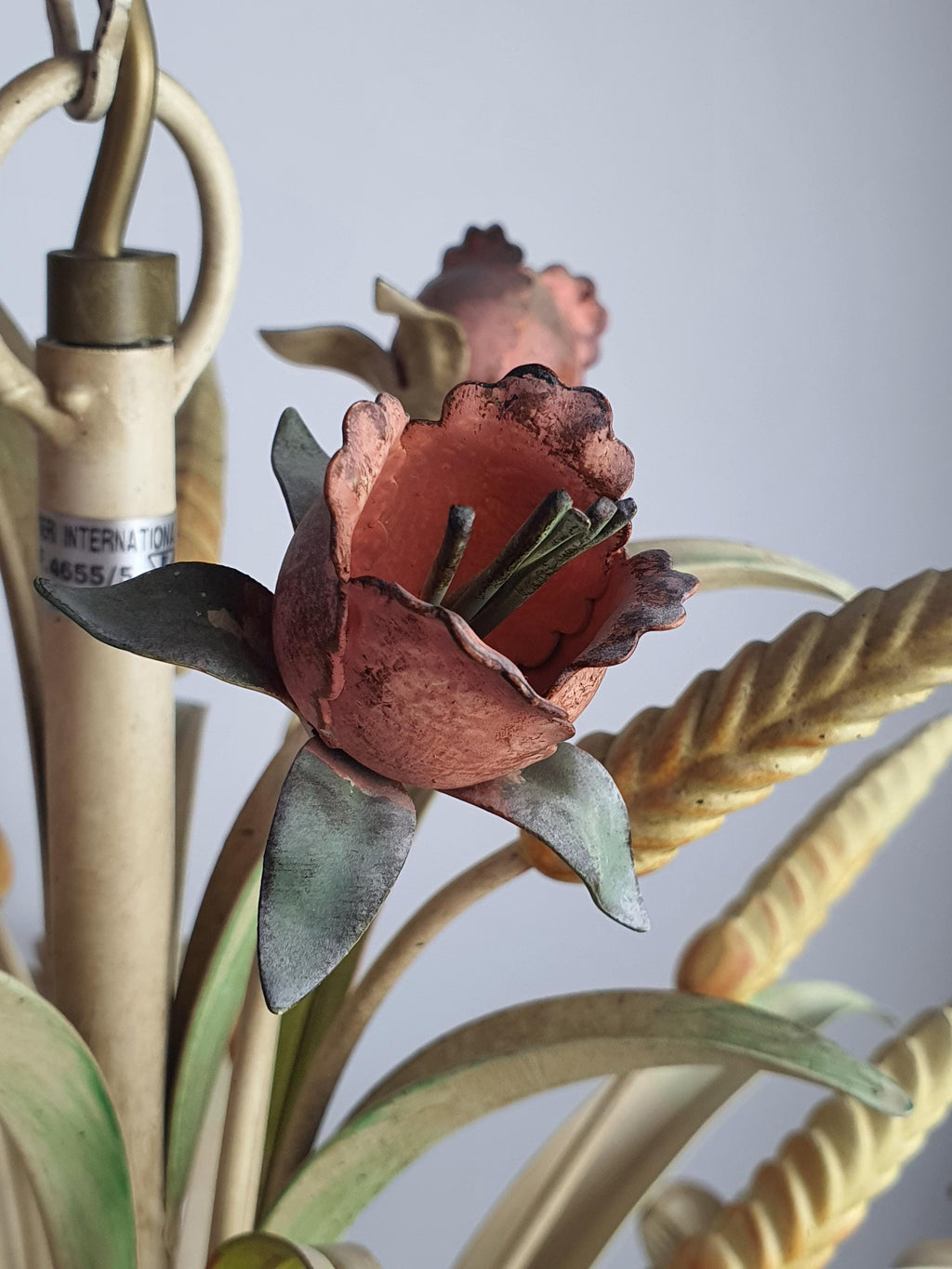 Italian tole chandelier — handcrafted poppy flowers and wheat stems, floral bouquet detail