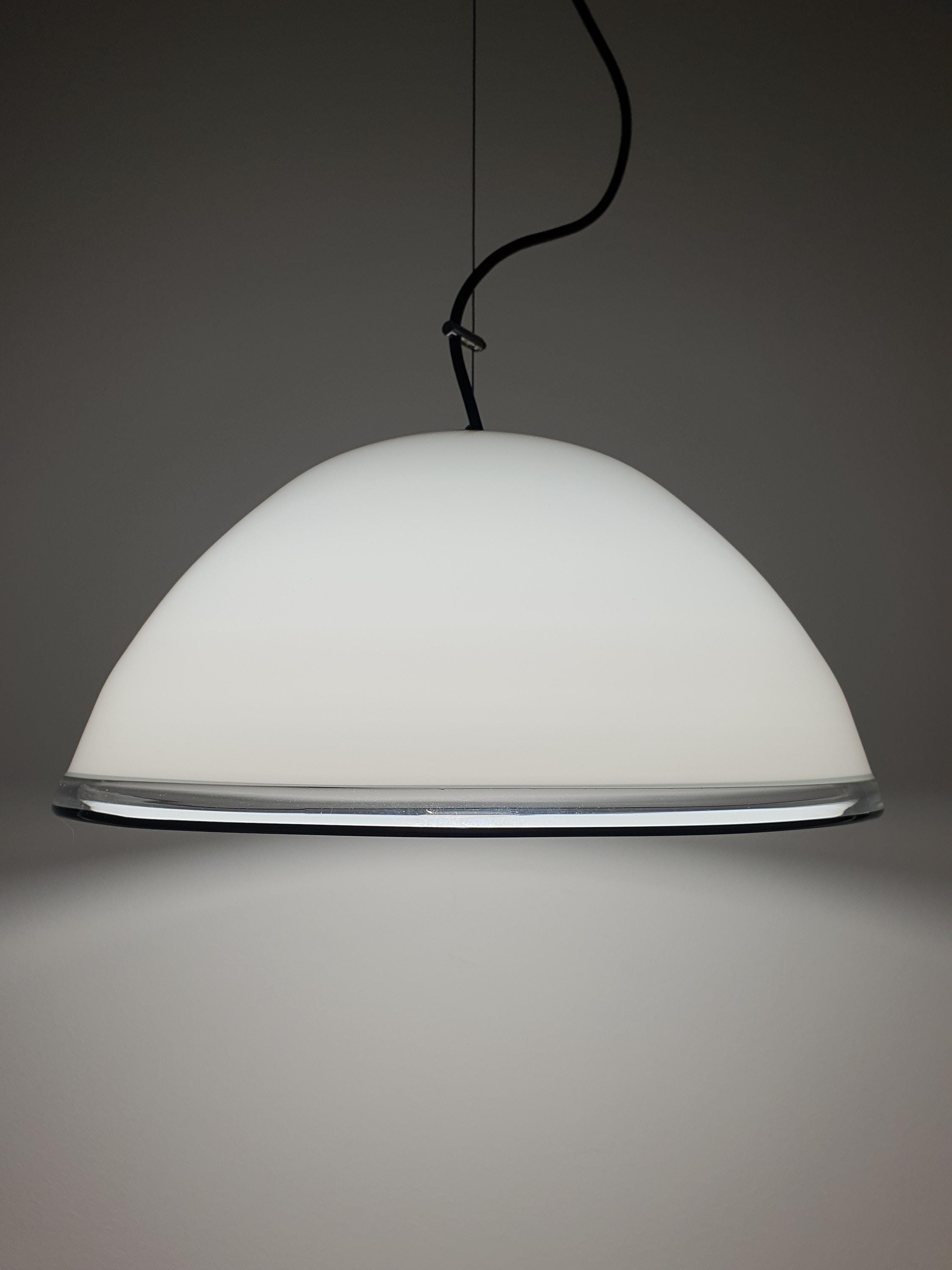White bell minimalist pendant light in vintage Murano glass with black edge