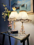 Pair of vintage Murano glass bedside lamps, aventurine gold flakes, pink accents, grapes and leaves motif, gold-toned bases, fabric shades