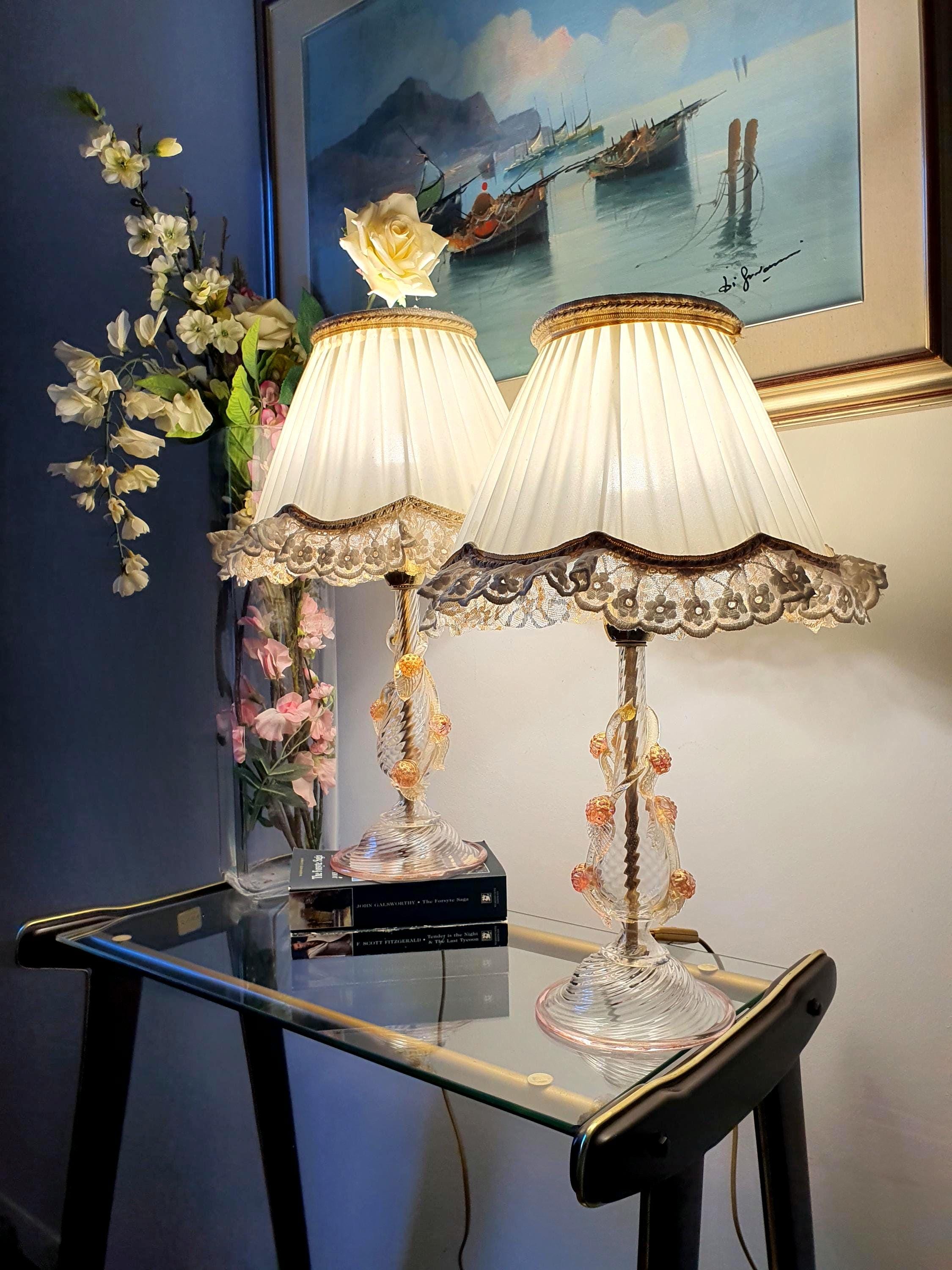 Pair of vintage Murano glass bedside lamps, aventurine gold flakes, pink accents, grapes and leaves motif, gold-toned bases, fabric shades