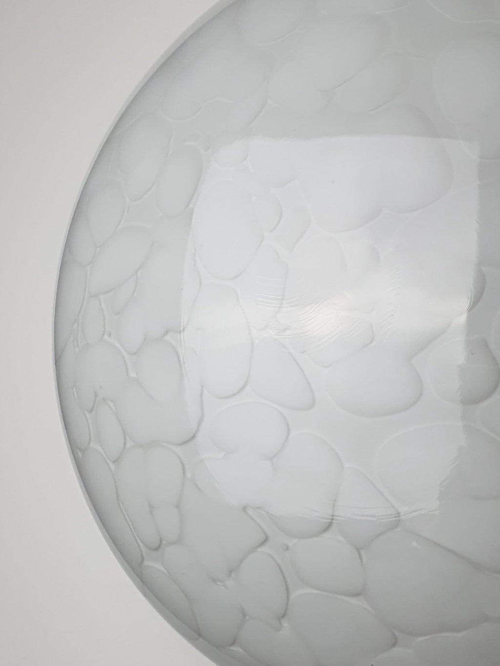 Vintage Italian Murano glass flush mount unlit, showing layered clear and white spotted glass texture