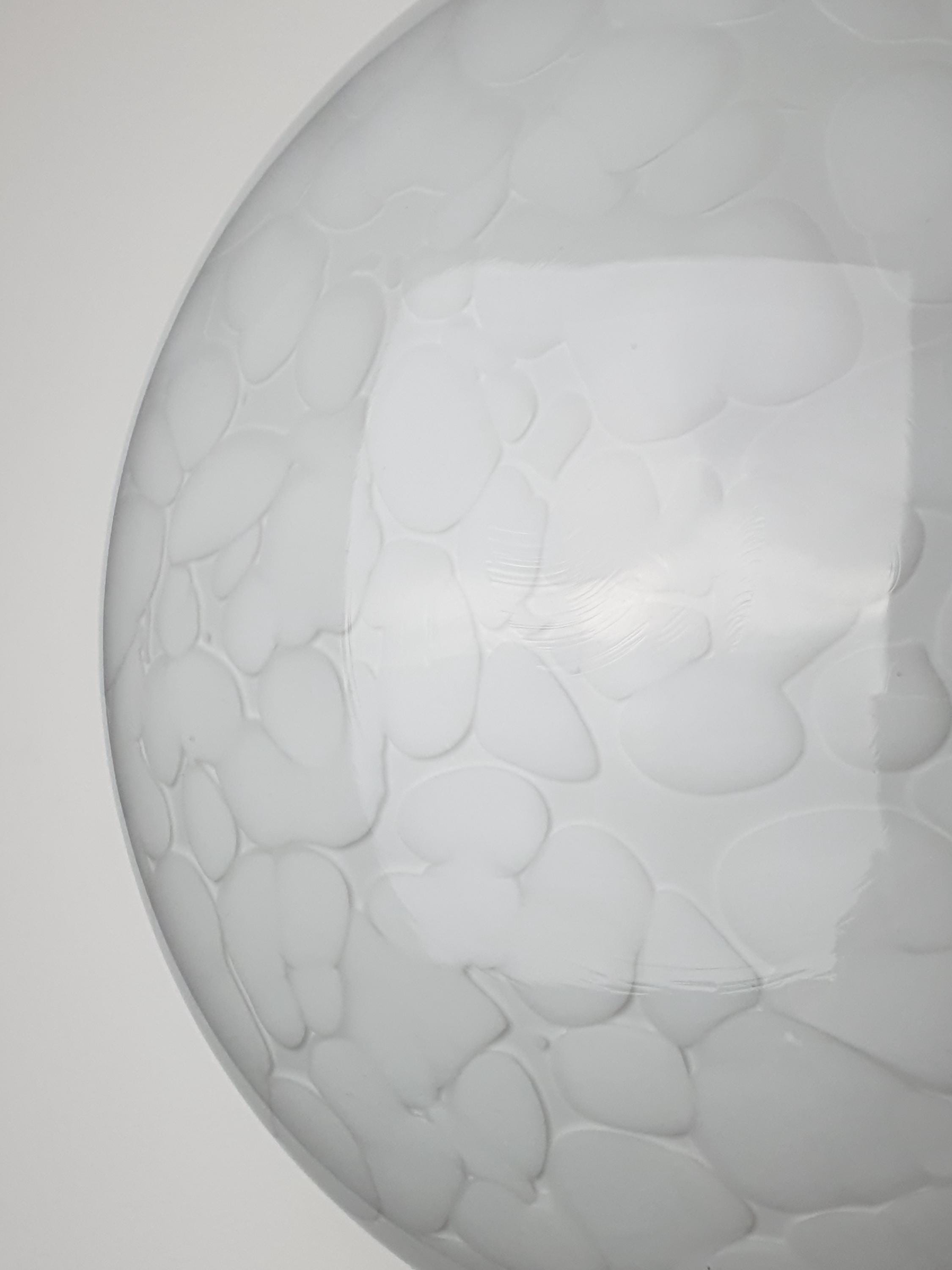 Vintage Italian Murano glass flush mount unlit, showing layered clear and white spotted glass texture