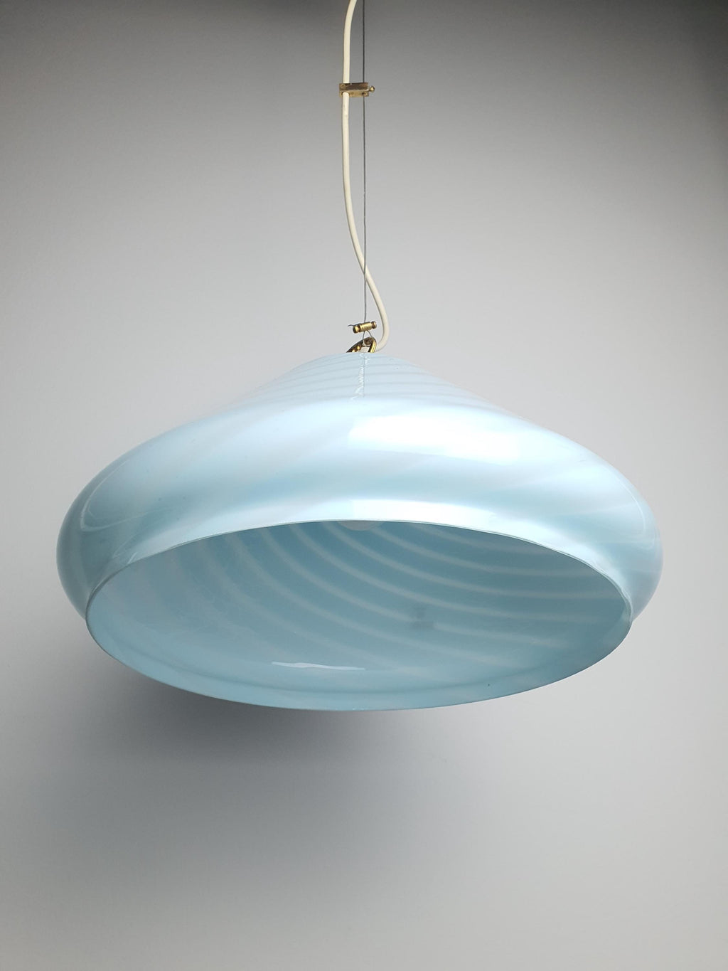 Labelled Murano Glass Light Blue Bell Pendant Light | Candy Swirl Italian Vintage Lamp