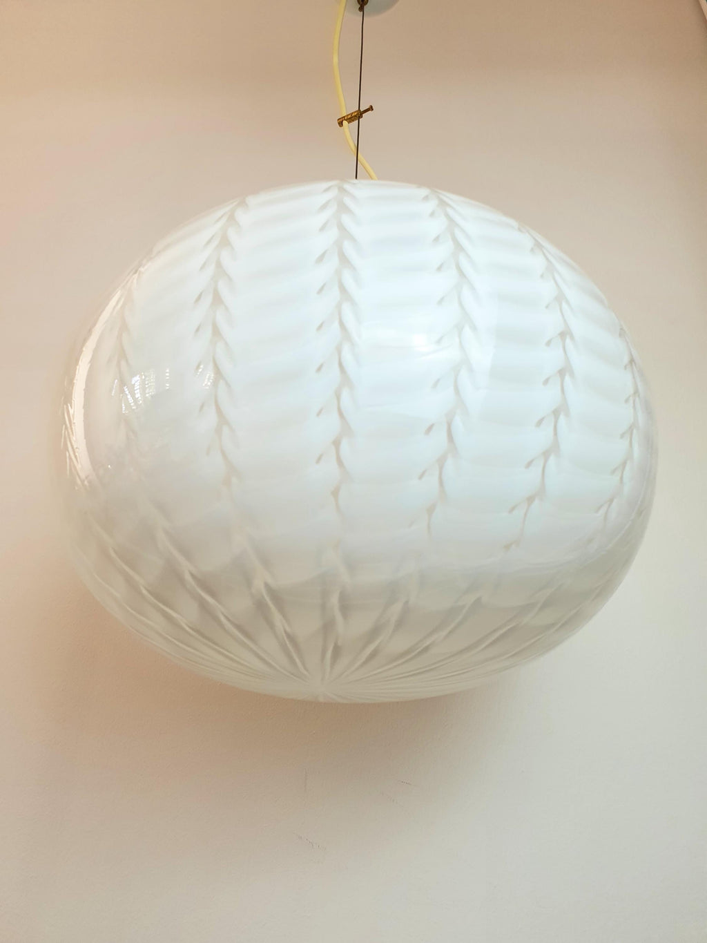 Murano Glass Globe Pendant Light: Handblown White Wave, Mid-Century Modern