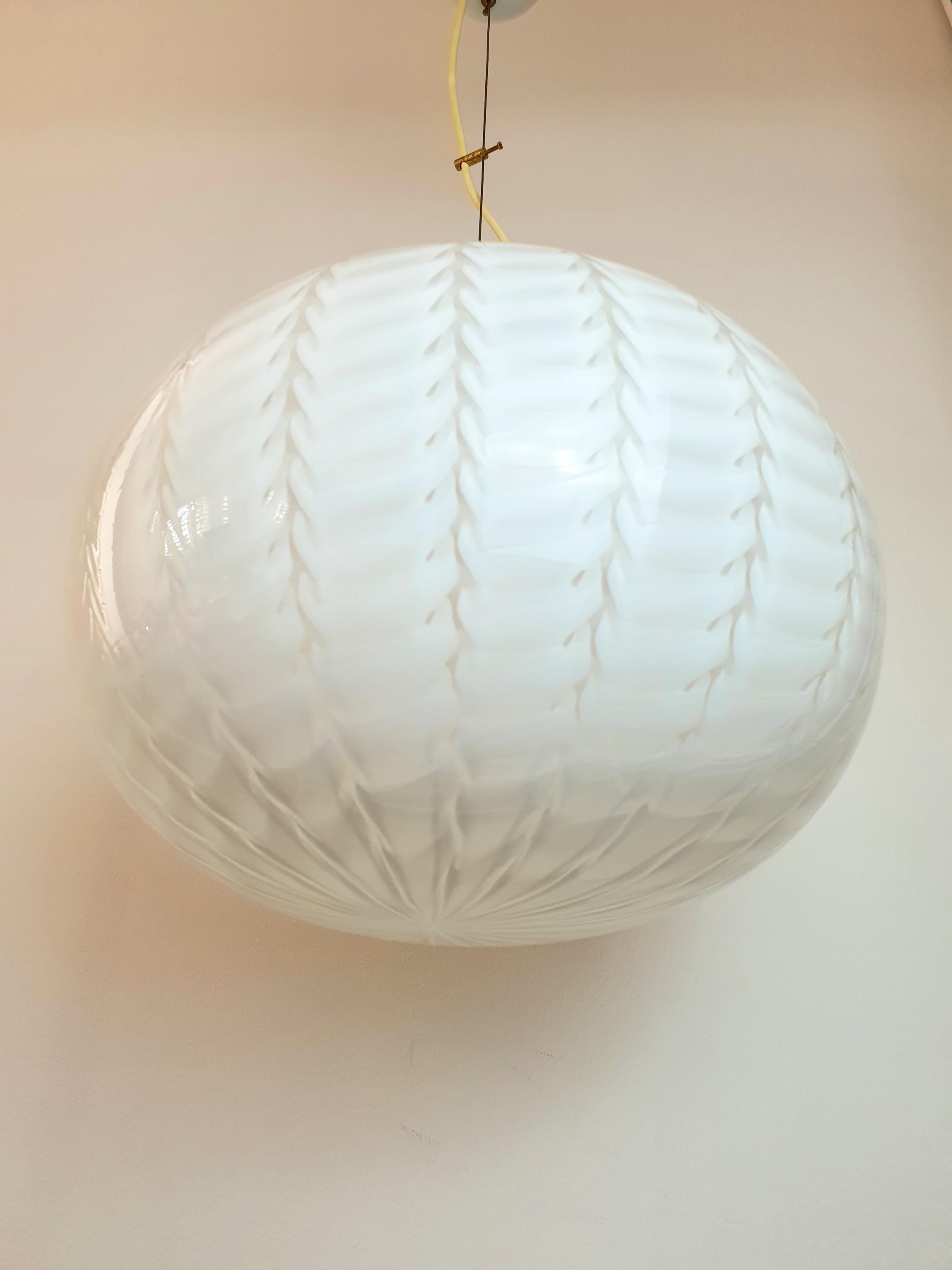 Murano Glass Globe Pendant Light: Handblown White Wave, Mid-Century Modern