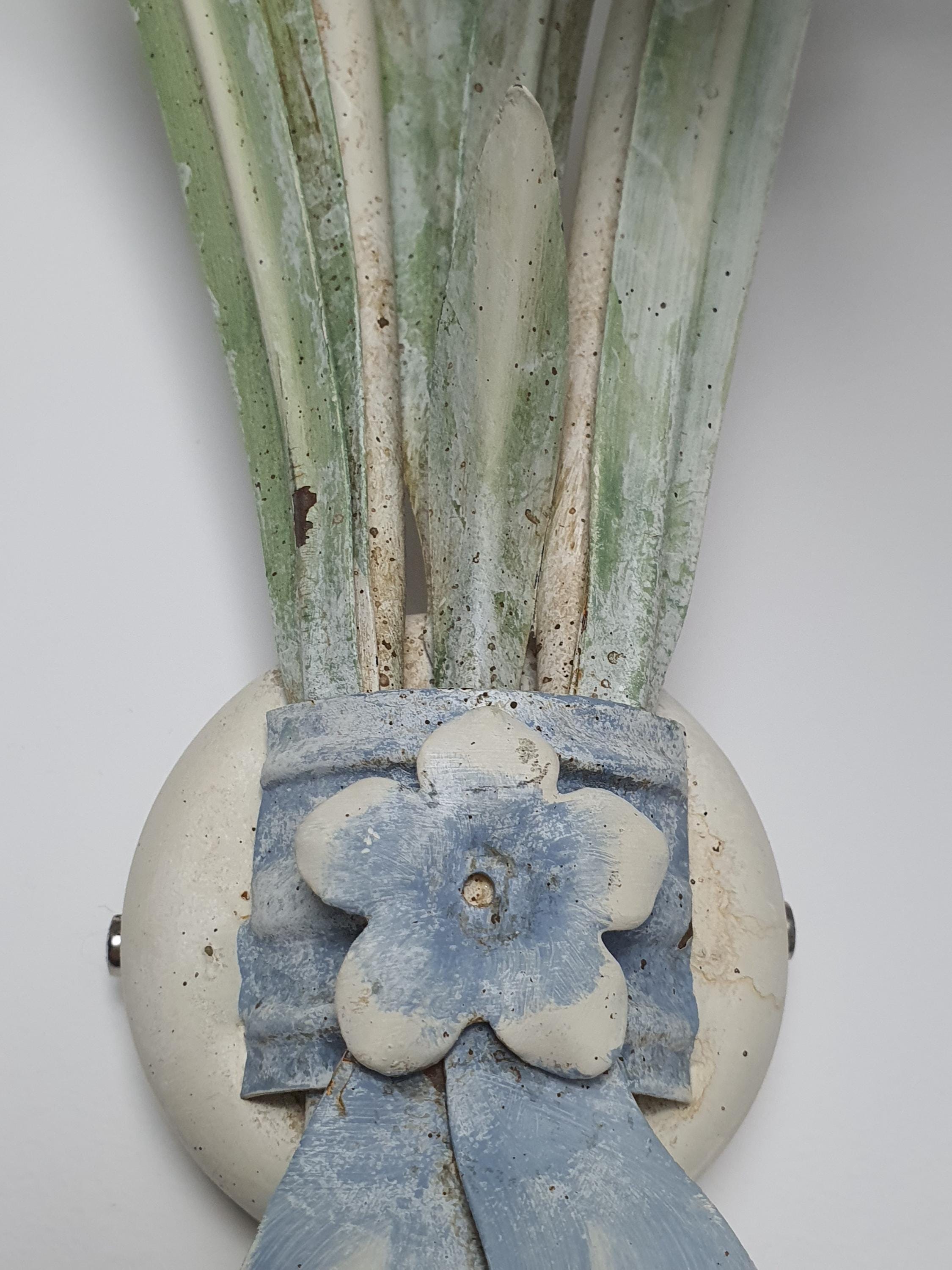Italian toleware wall sconce — handcrafted painted metal iris bouquet, layered leaves detail