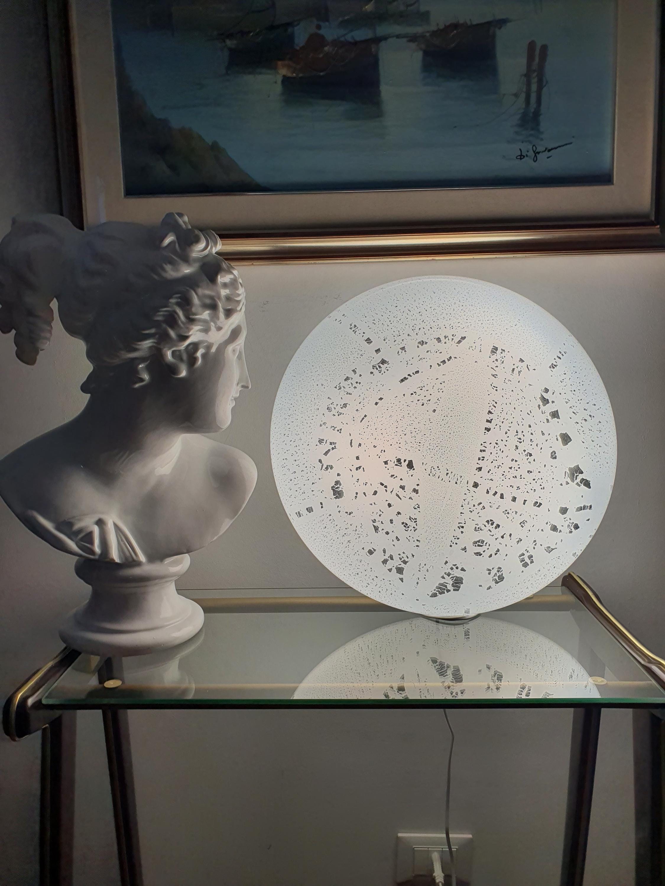 Vintage Murano white silver aventurine flush mount side profile, showing 20cm low-profile depth, organic white glass form