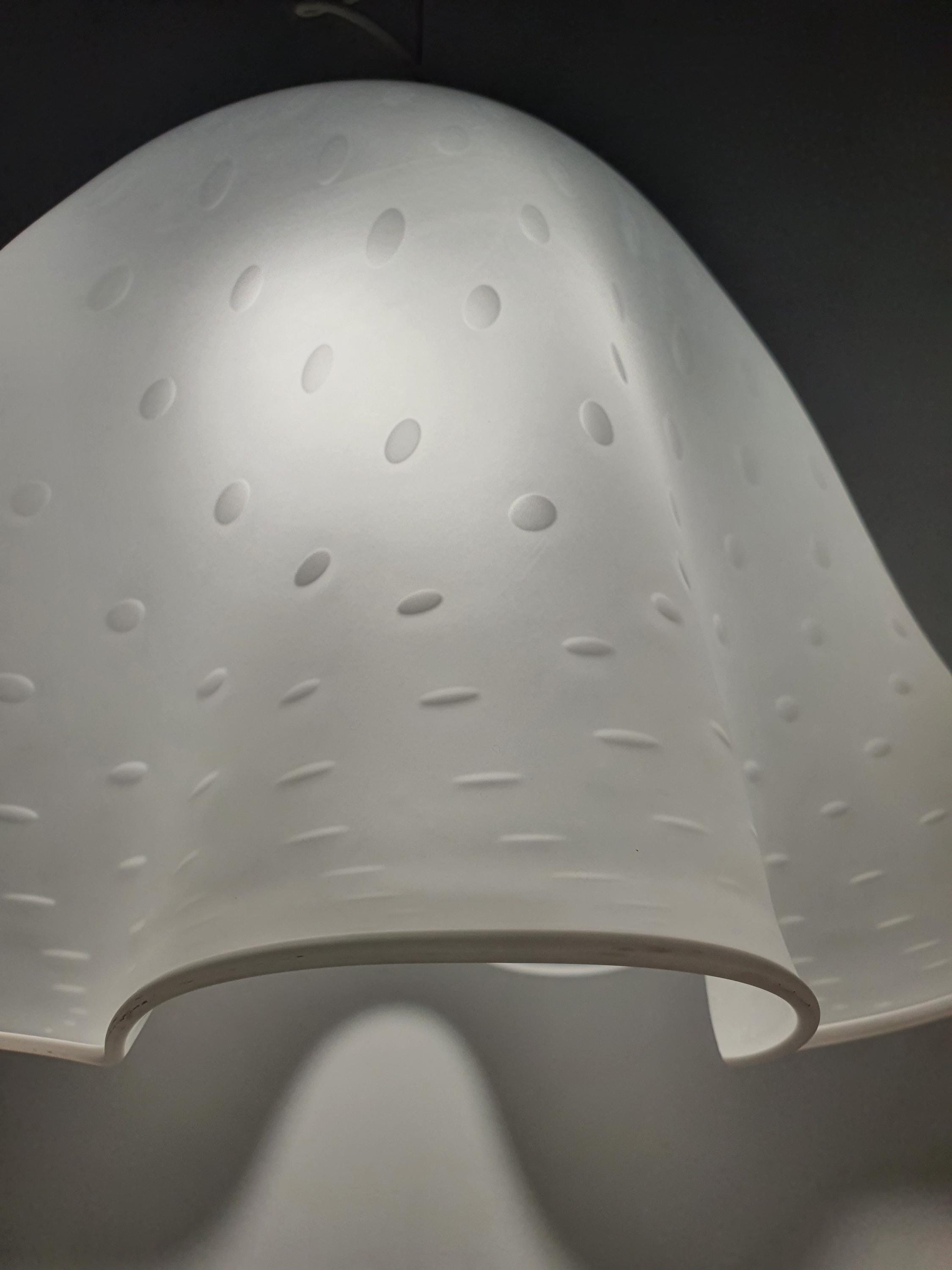 Vintage Italian Fazzoletto glass pendant lit, warm diffused glow through satin white pulegoso shade