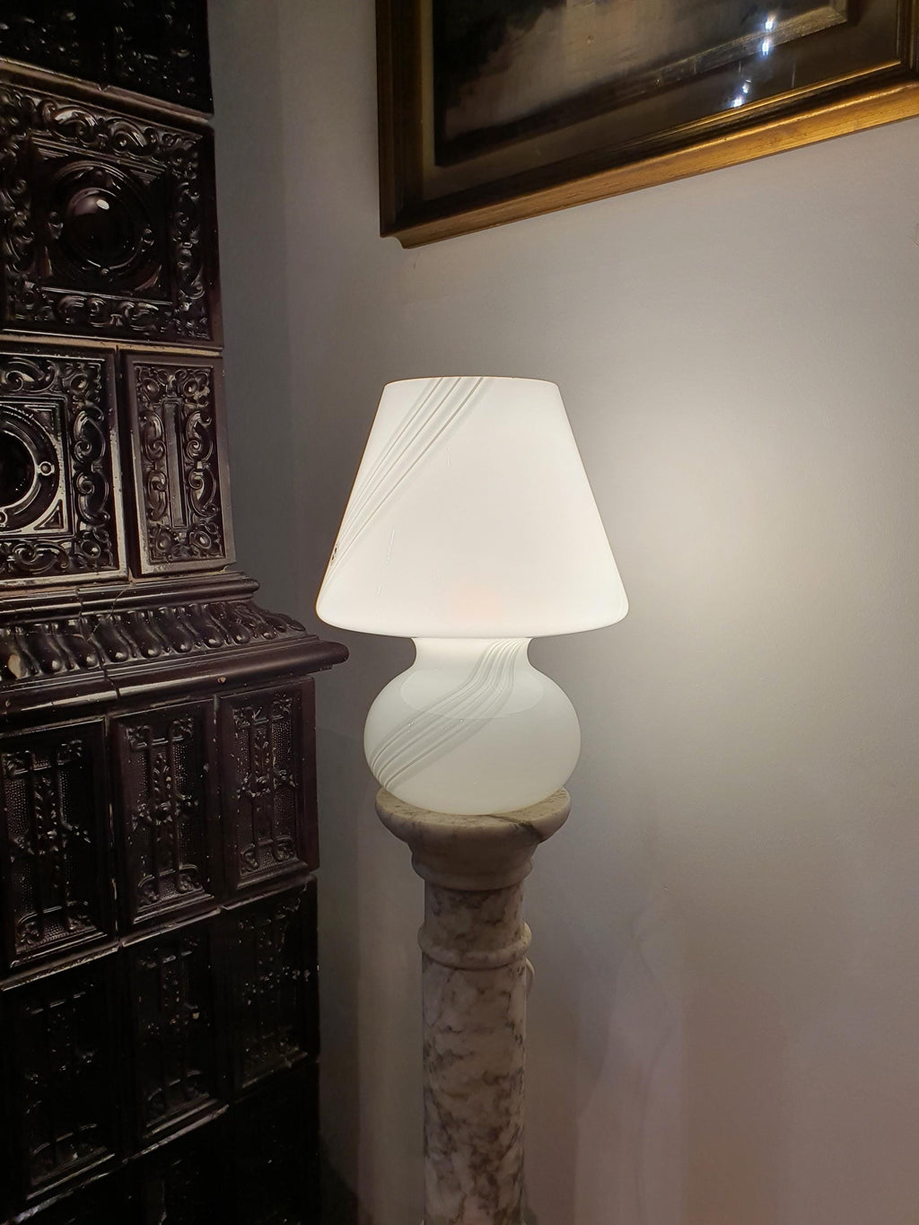 Murano Glass Mushroom Lamp: 1980s Mid Century Modern Swirl Bedside Light