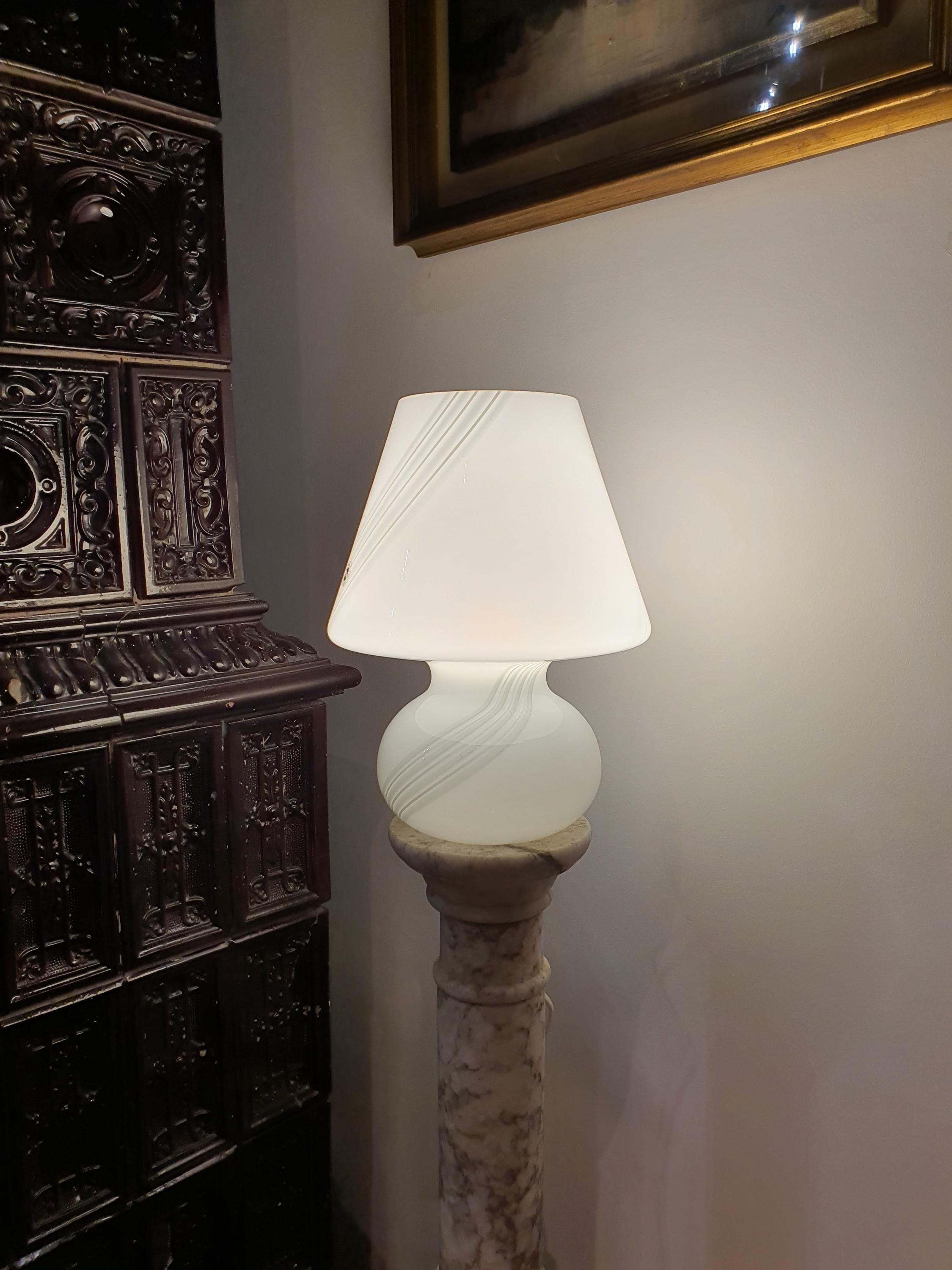 Murano Glass Mushroom Lamp: 1980s Mid Century Modern Swirl Bedside Light