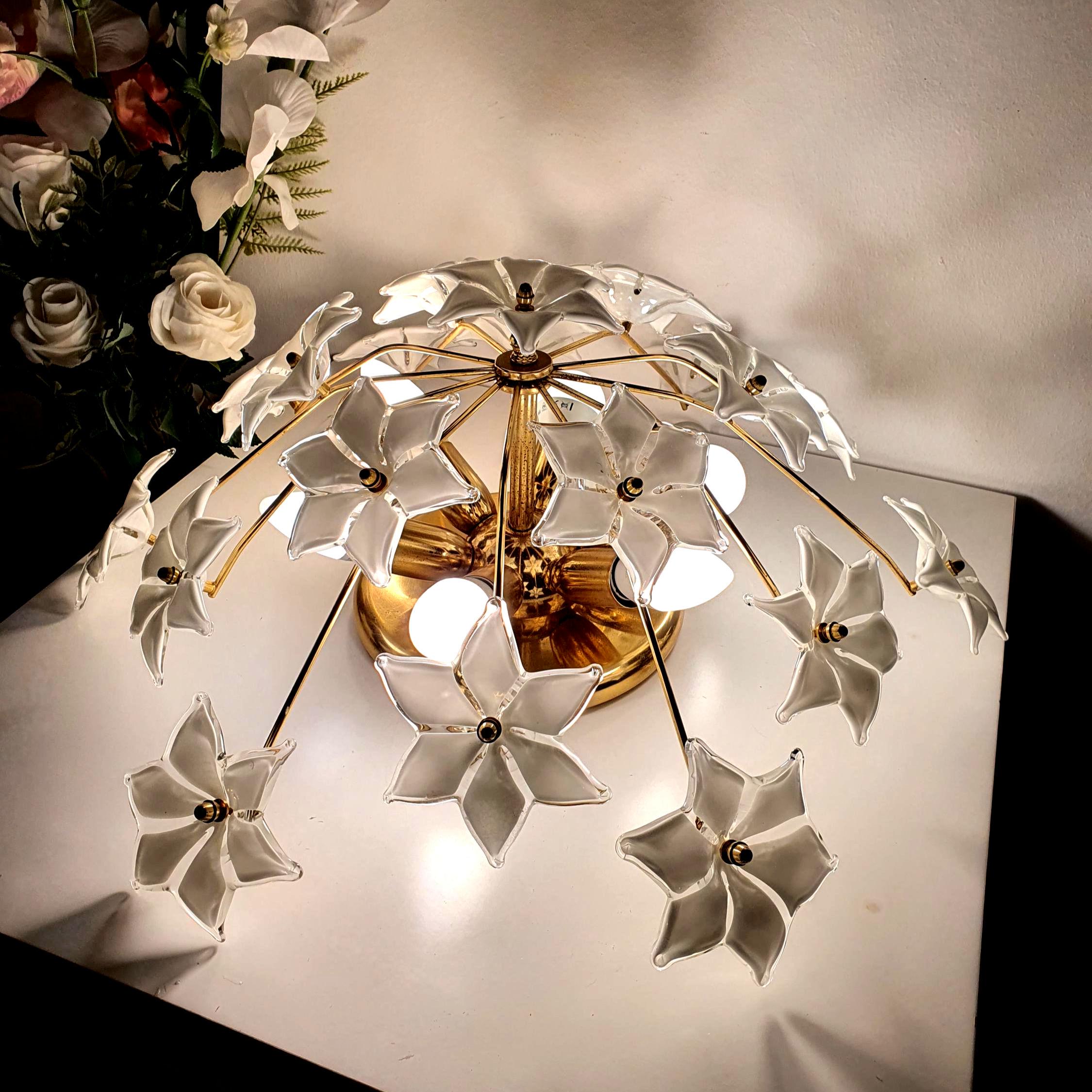 Vintage Murano glass white floral sputnik flush mount chandelier with gold base