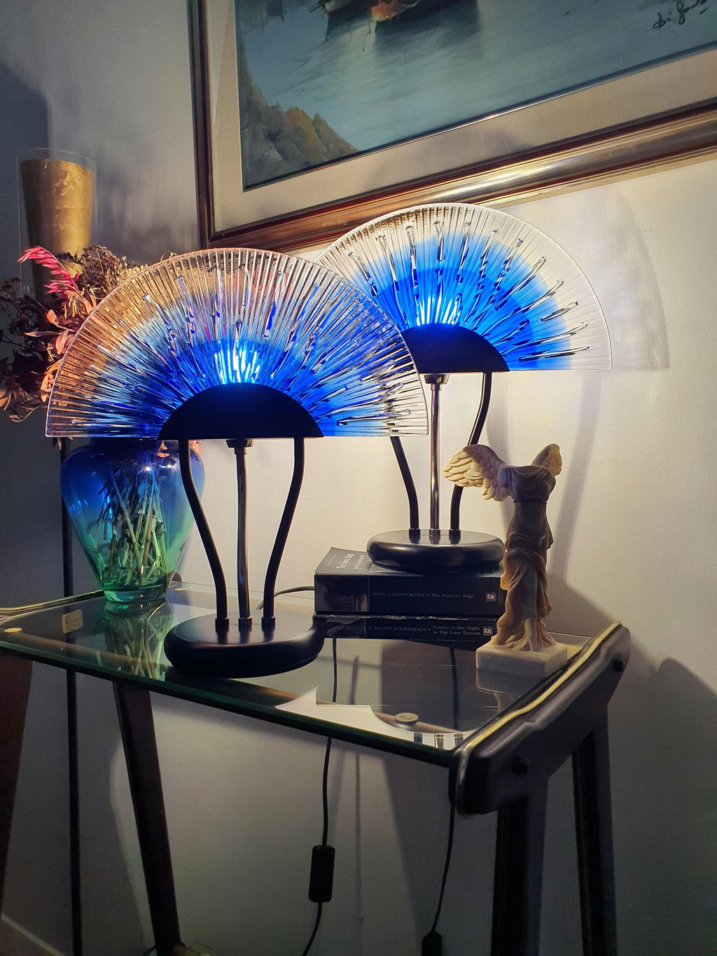 Pair of Vintage Murano Glass Table Lamps | Fan Screen Shades | Blue to Clear Gradient | Black & Silver Bases