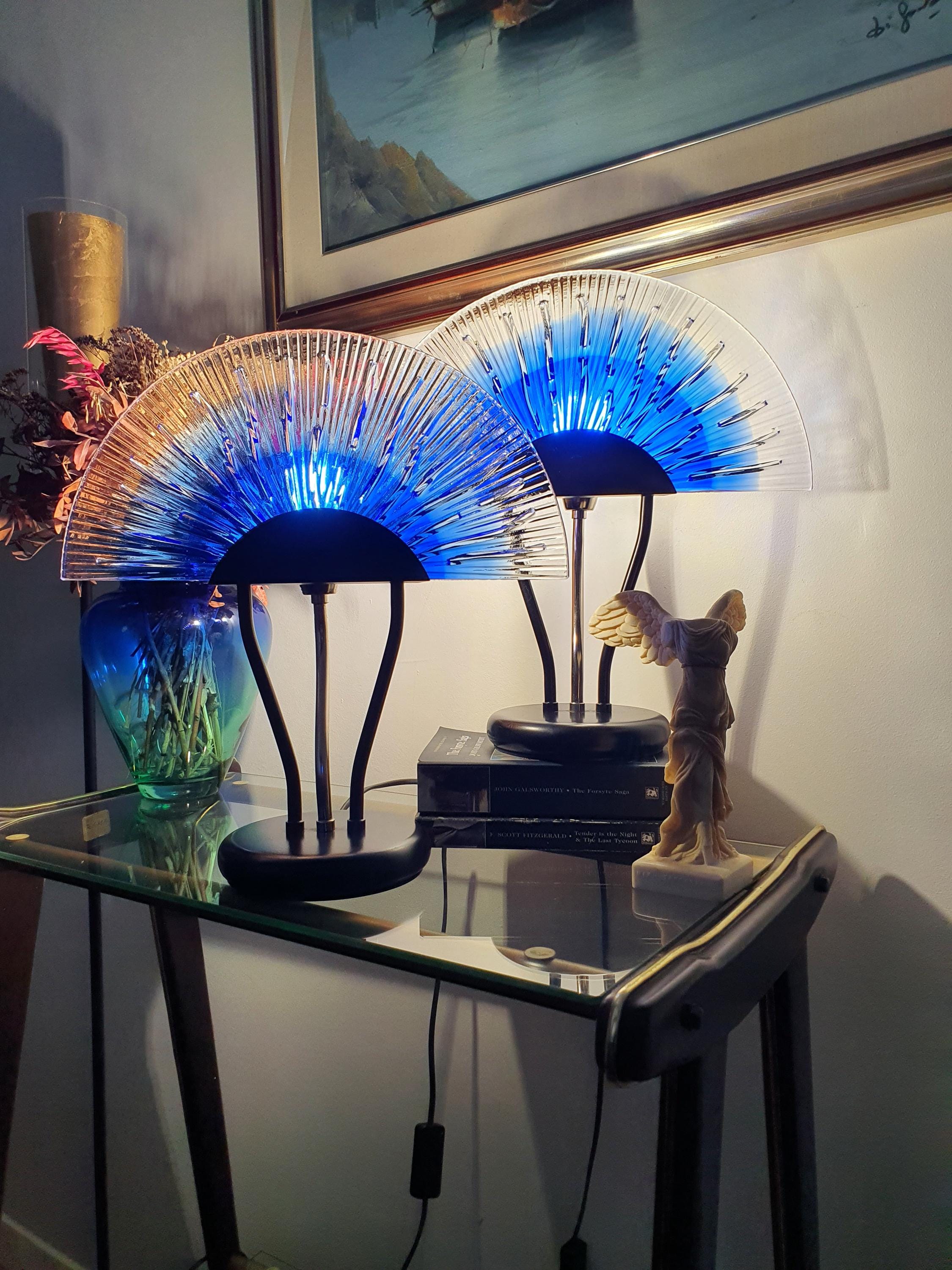 Pair of Vintage Murano Glass Table Lamps | Fan Screen Shades | Blue to Clear Gradient | Black & Silver Bases