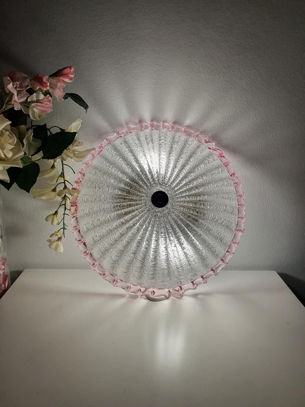 Vintage Floral Murano Glass Flush Mount – Frosted Sand Finish with Pink Edge