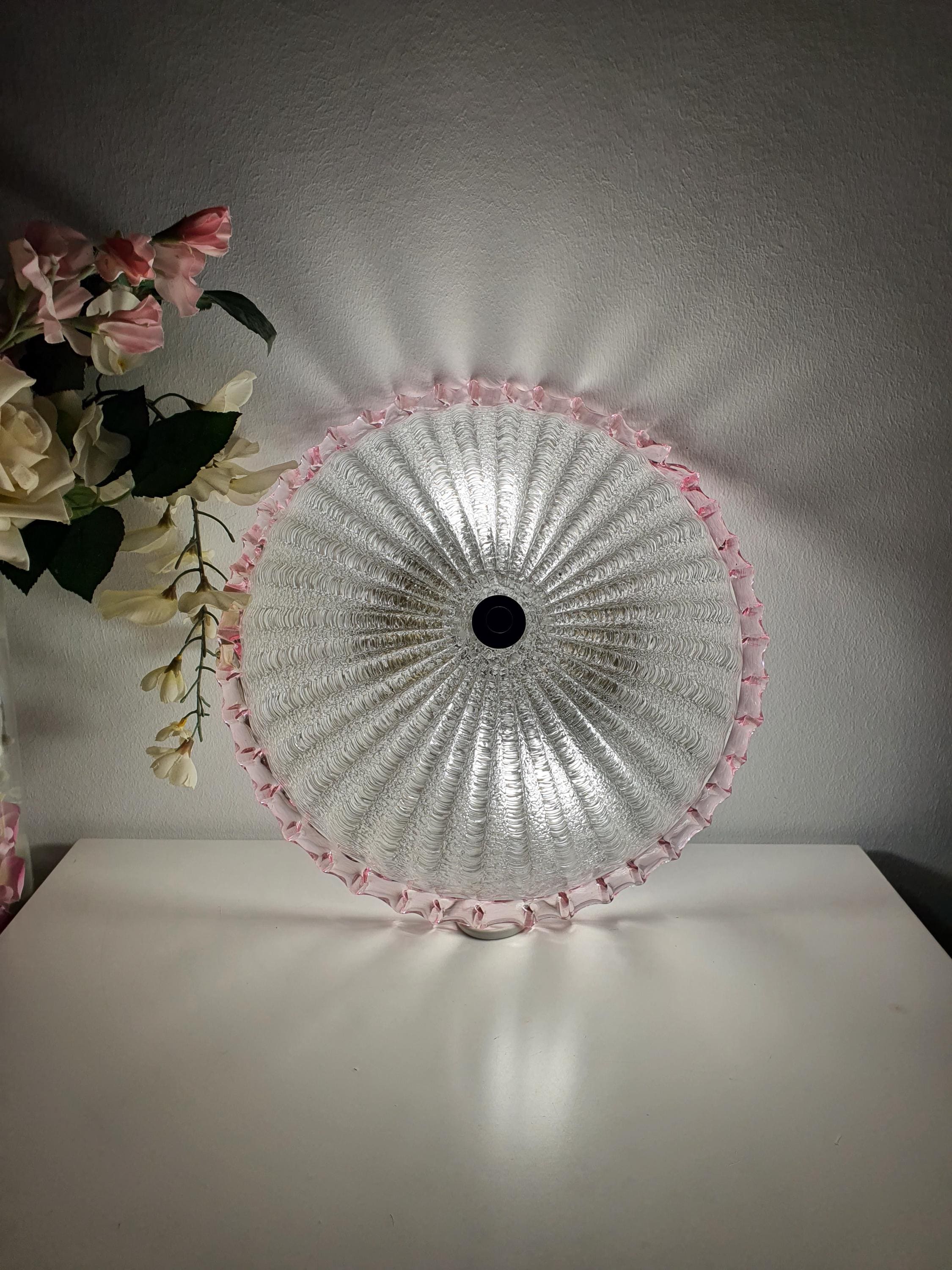 Vintage Floral Murano Glass Flush Mount – Frosted Sand Finish with Pink Edge