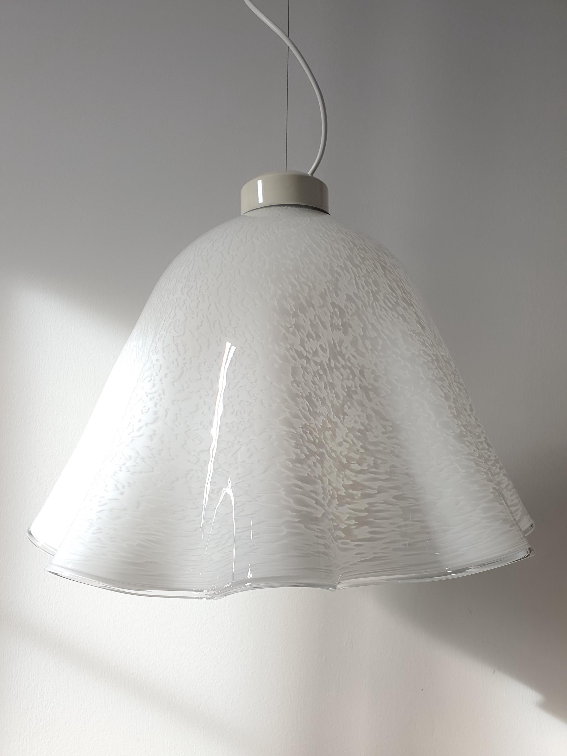 Vintage Murano Glass Fazzoletto White Spotted Pendant Light