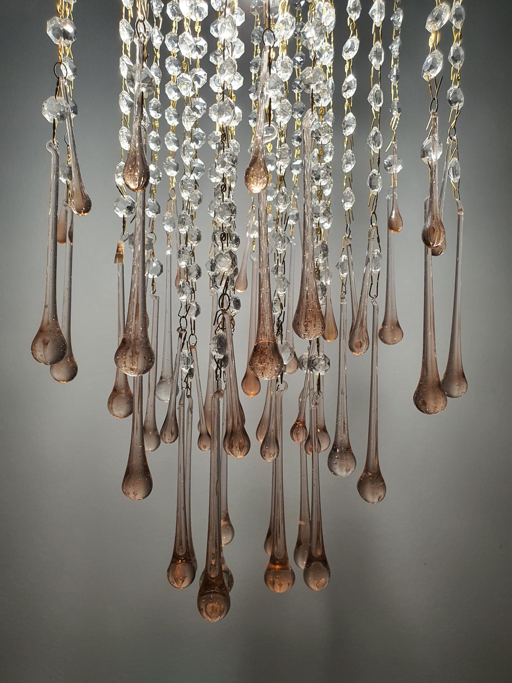 Vintage Murano Glass Chandelier | Double Pink Teardrops Hollywood Regency Cascade Light