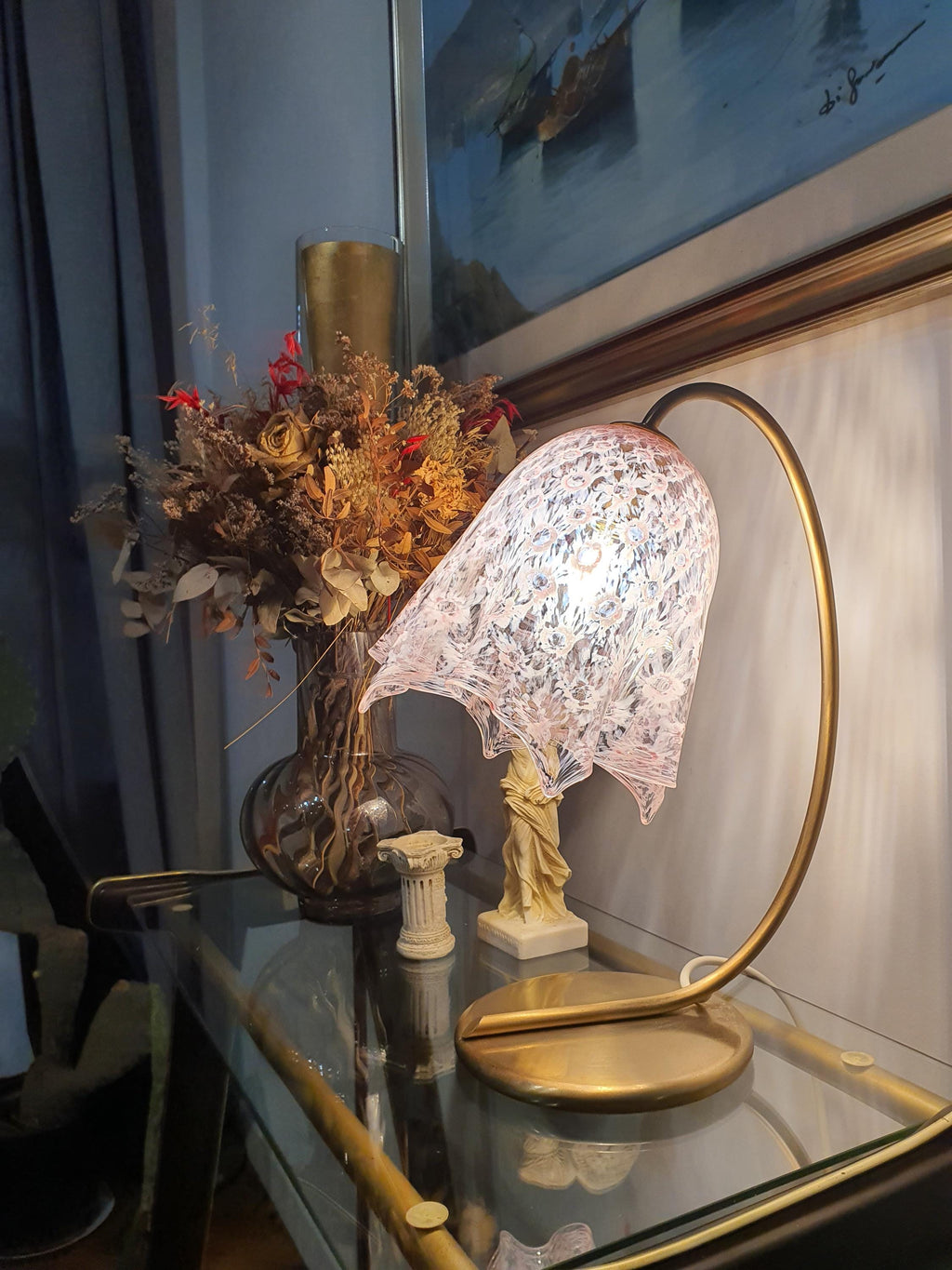 La Murrina Vintage Murano Glass Desk Lamp: Pink Handkerchief Fazzoletto Design