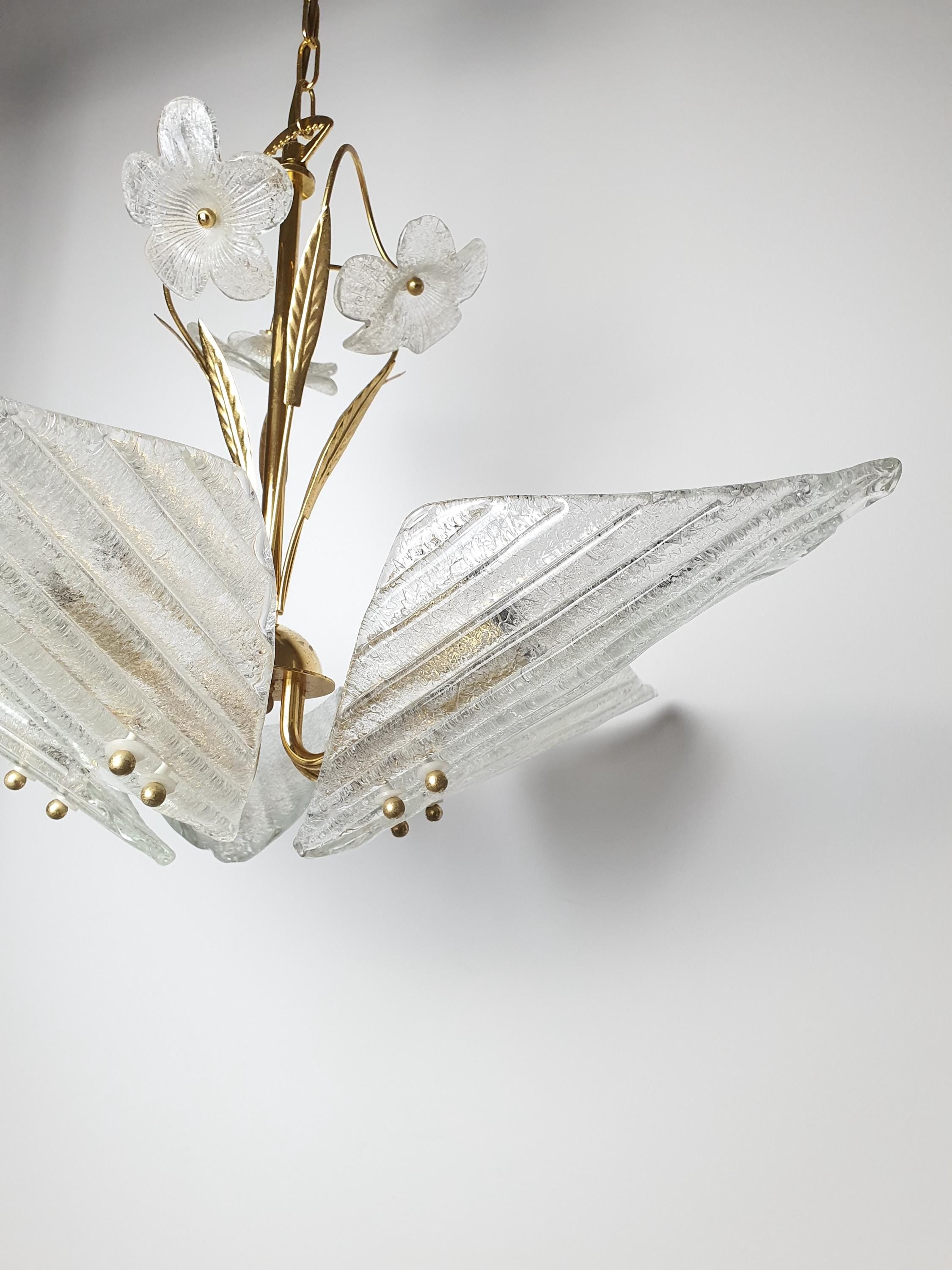 Vintage Murano Frosted Glass 5-Arm Chandelier | Hollywood Regency Lighting | Mid-Century Italian