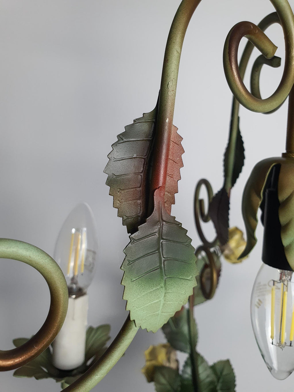 Ceiling canopy and central body detail, vintage green tole chandelier, patina visible
